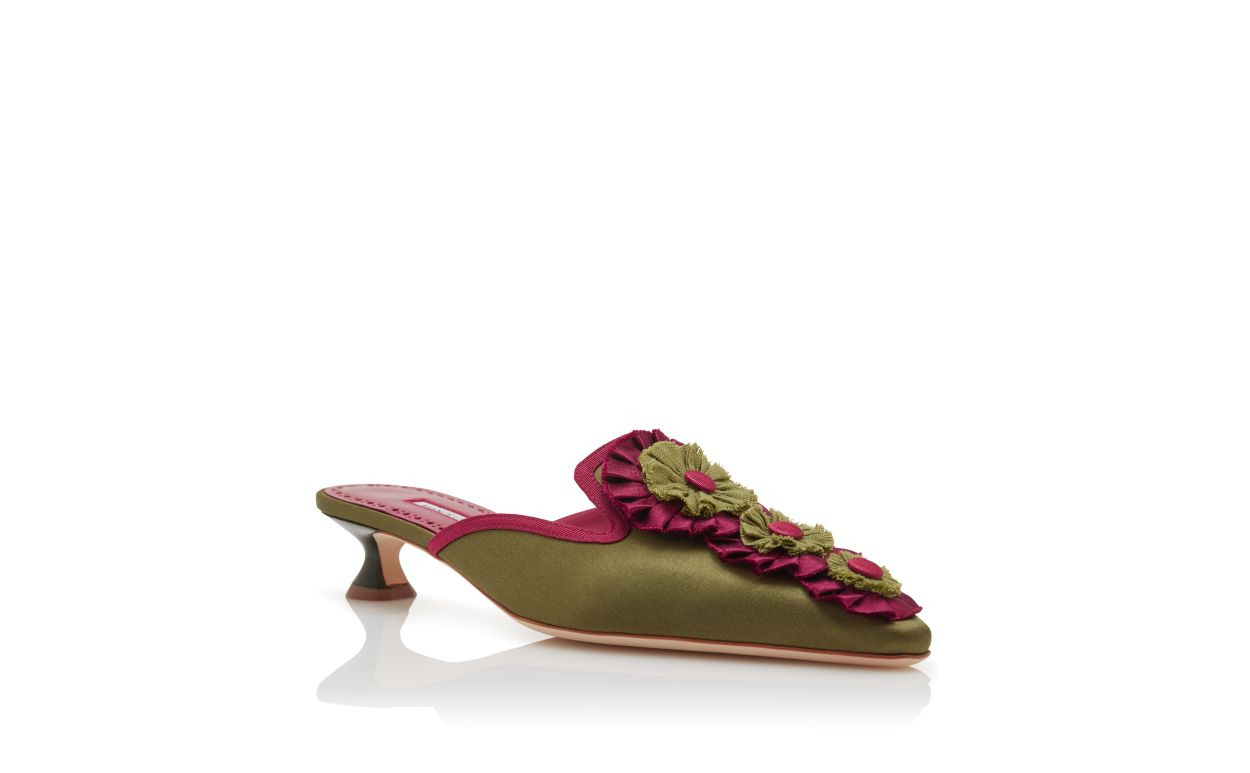 Khaki Silk Rosettes Detail Mules - 3