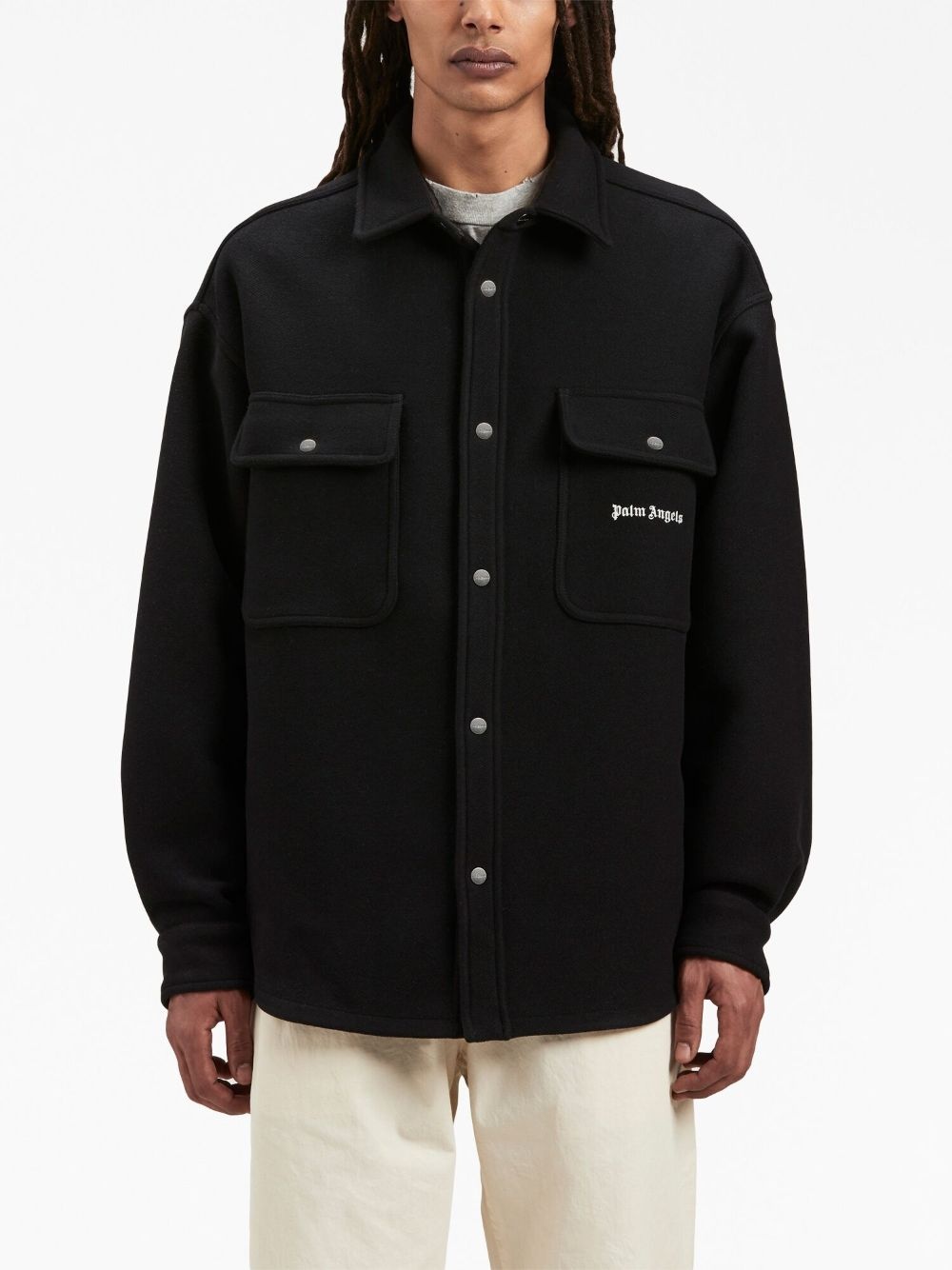 logo-embroidered twill shirt jacket - 3