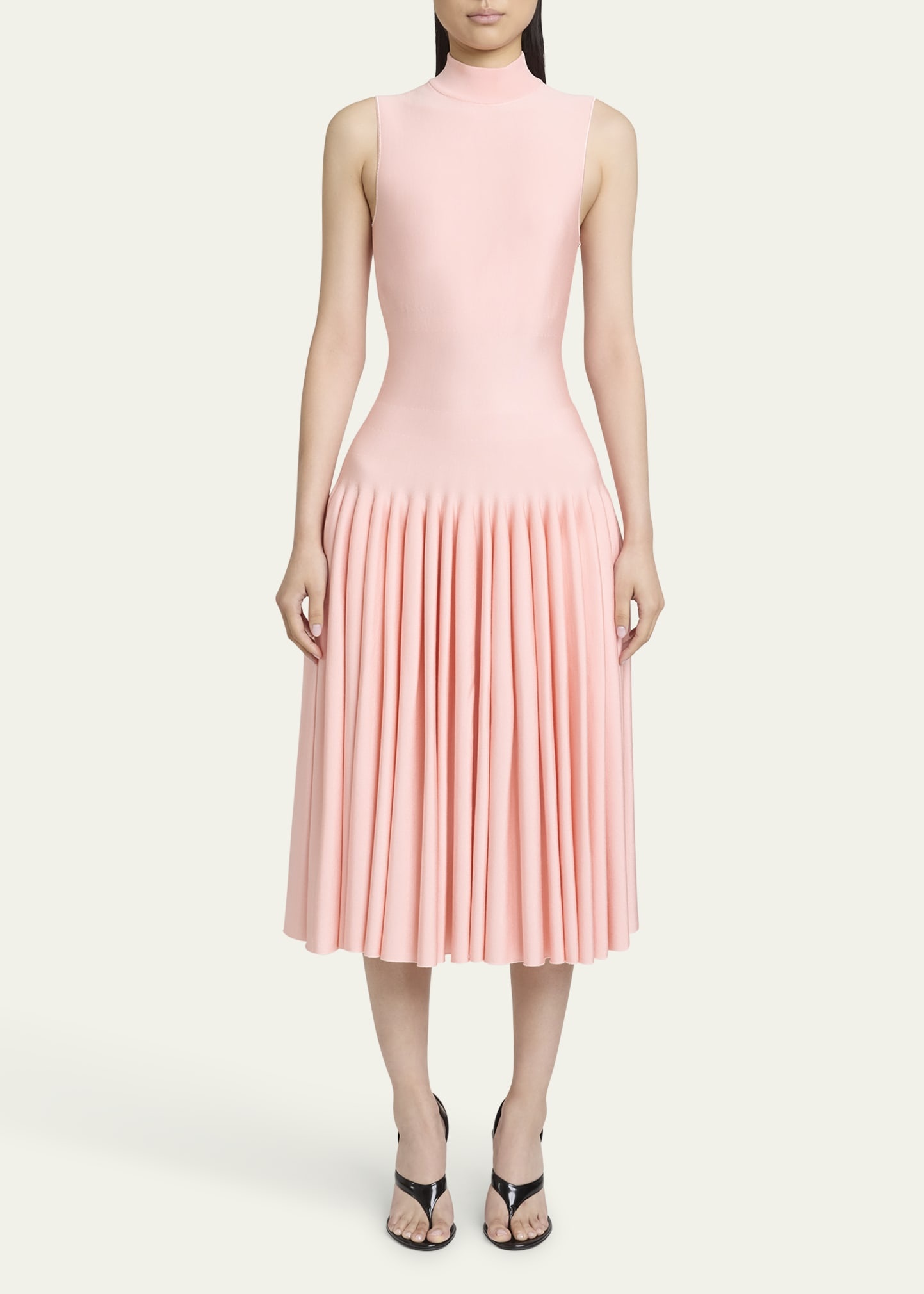 High-Neck Pleated Knit Midi Dress - 2