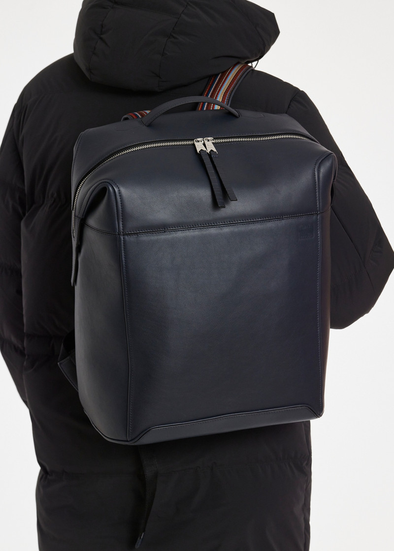 Paul Smith Dark Blue Leather 'Signature Stripe' Trim Backpack outlook