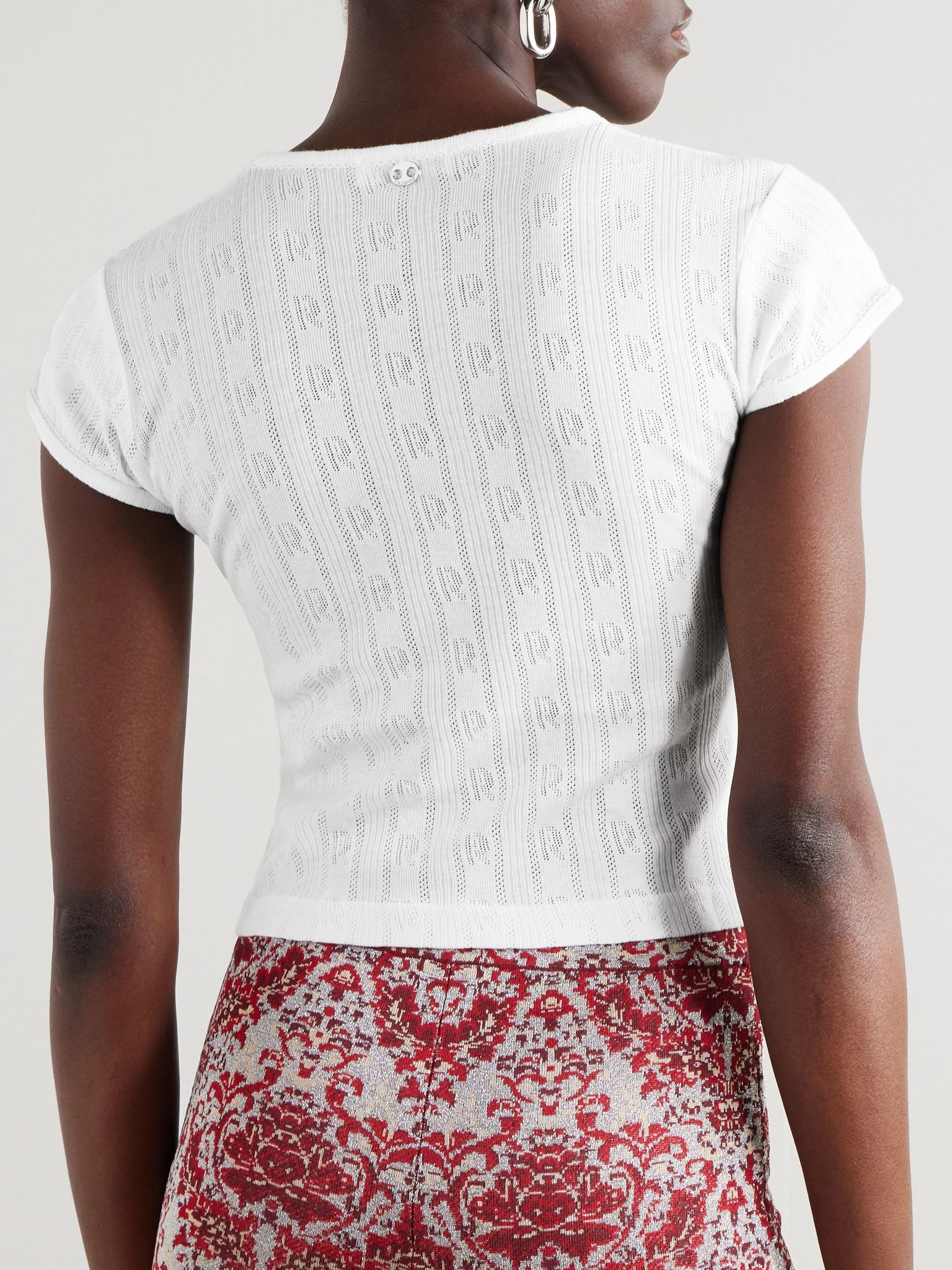 Cropped printed pointelle-knit cotton T-shirt White - 3