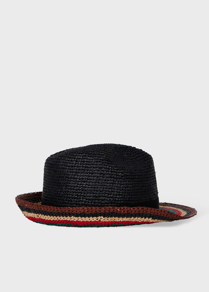 Black 'Signature Stripe' Straw Trilby Hat - 1