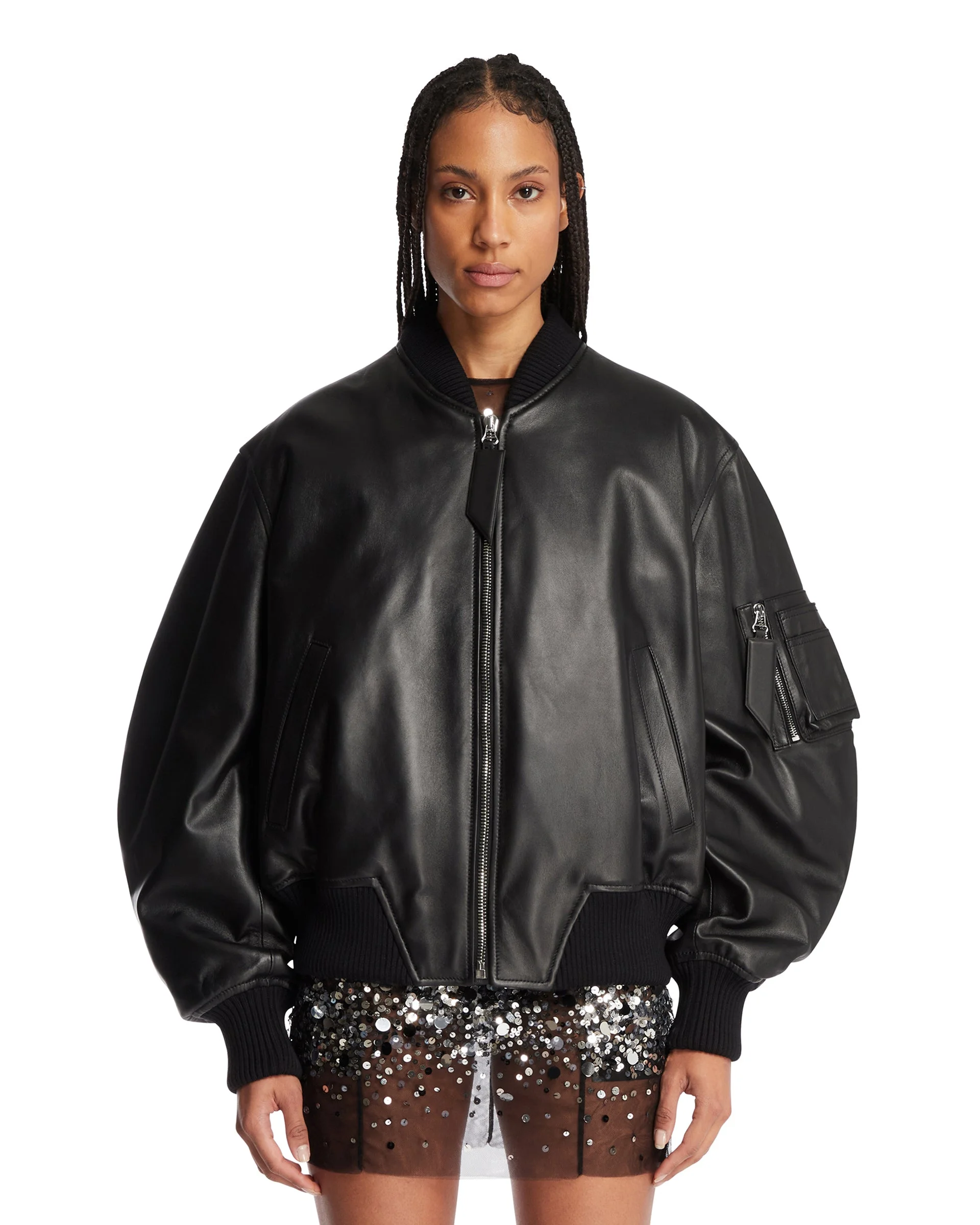 Black Oversized Leather Bomber - 1