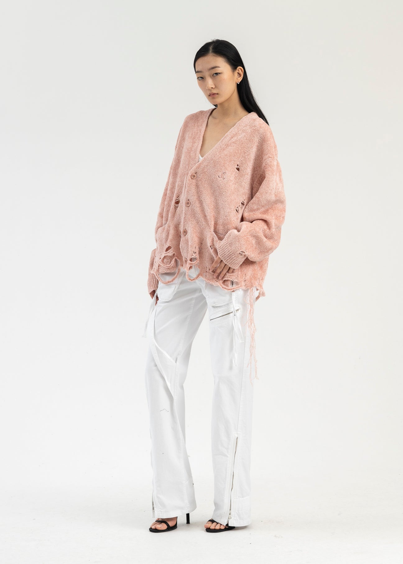 PINK SILK VELOUR SHORT CARDIGAN - 5