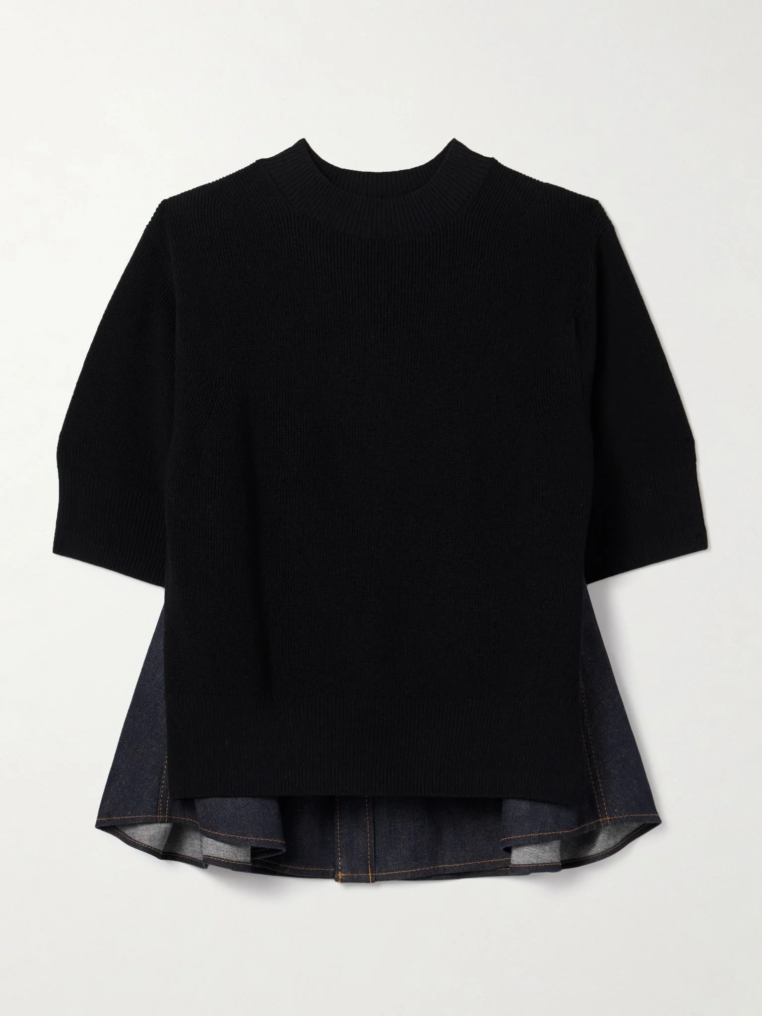 Paneled ribbed-knit and denim top Black - 1