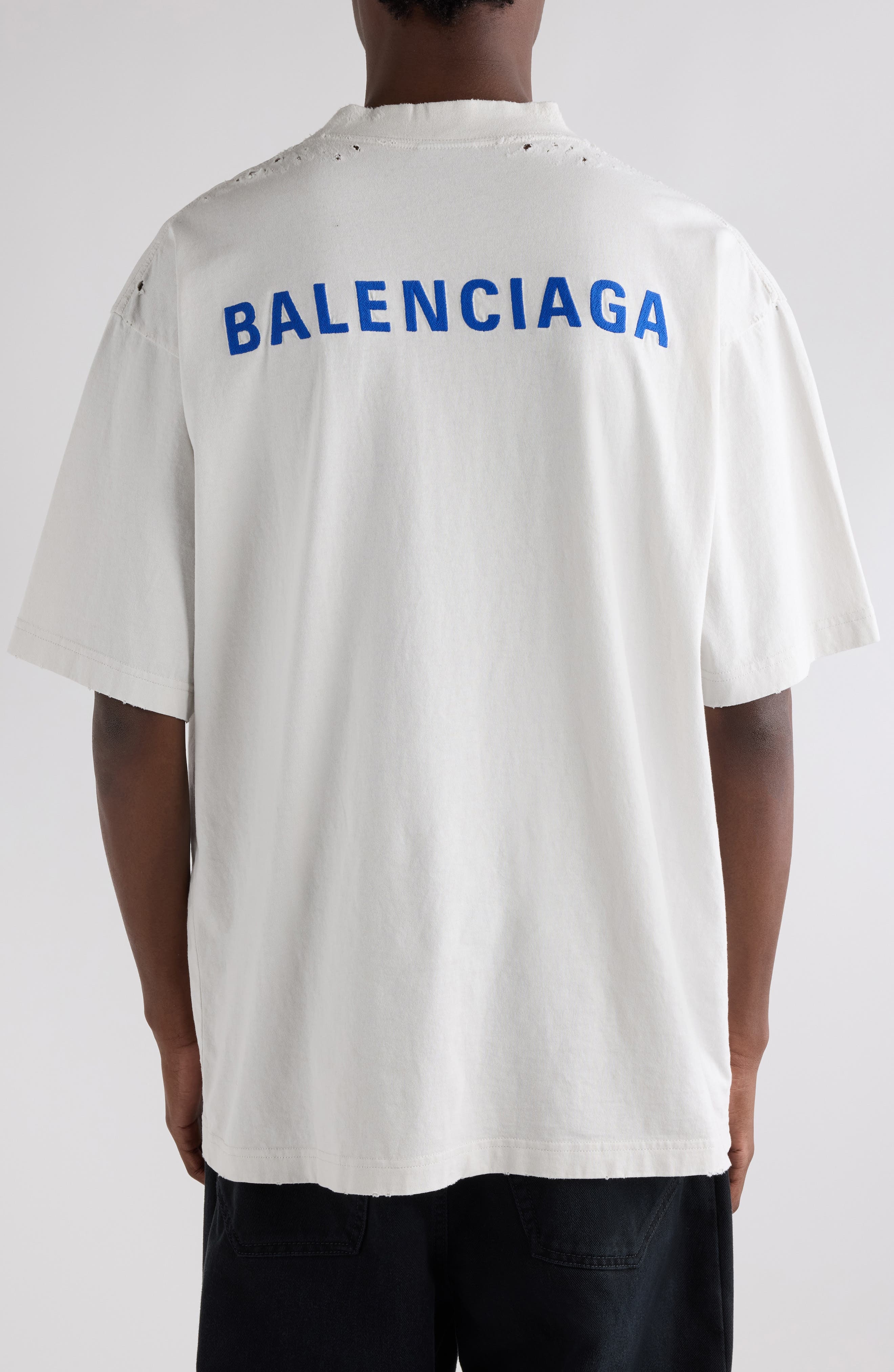 Balenciaga Medium Fit Distressed Logo T-Shirt in 8016 Dirty Wht/Sport Blue at Nordstrom - 2