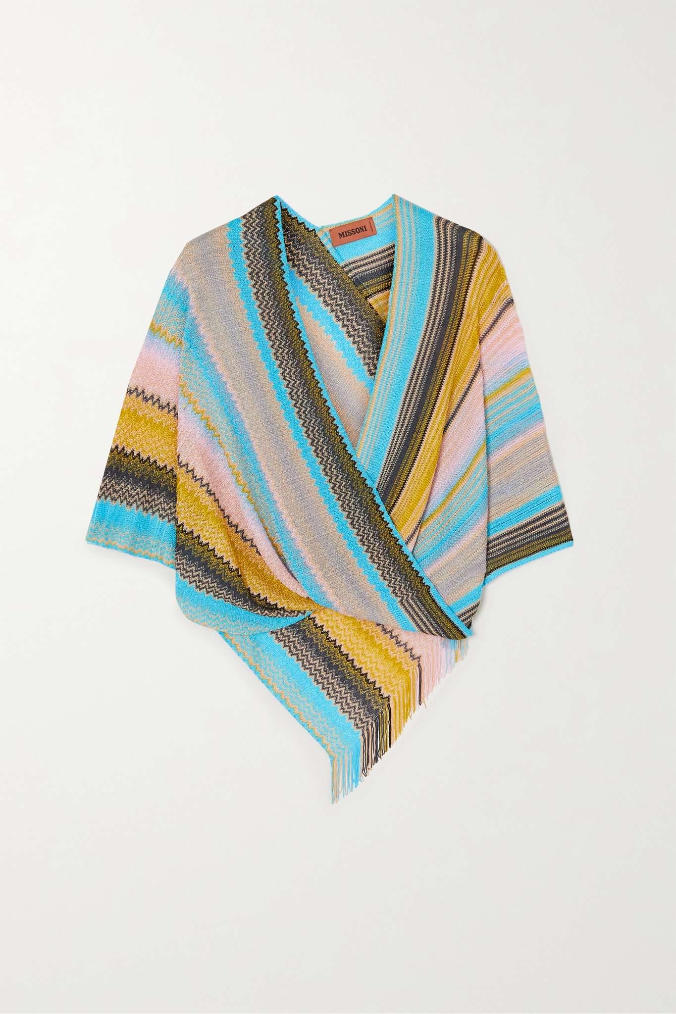 Fringed metallic striped crochet-knit poncho - 1