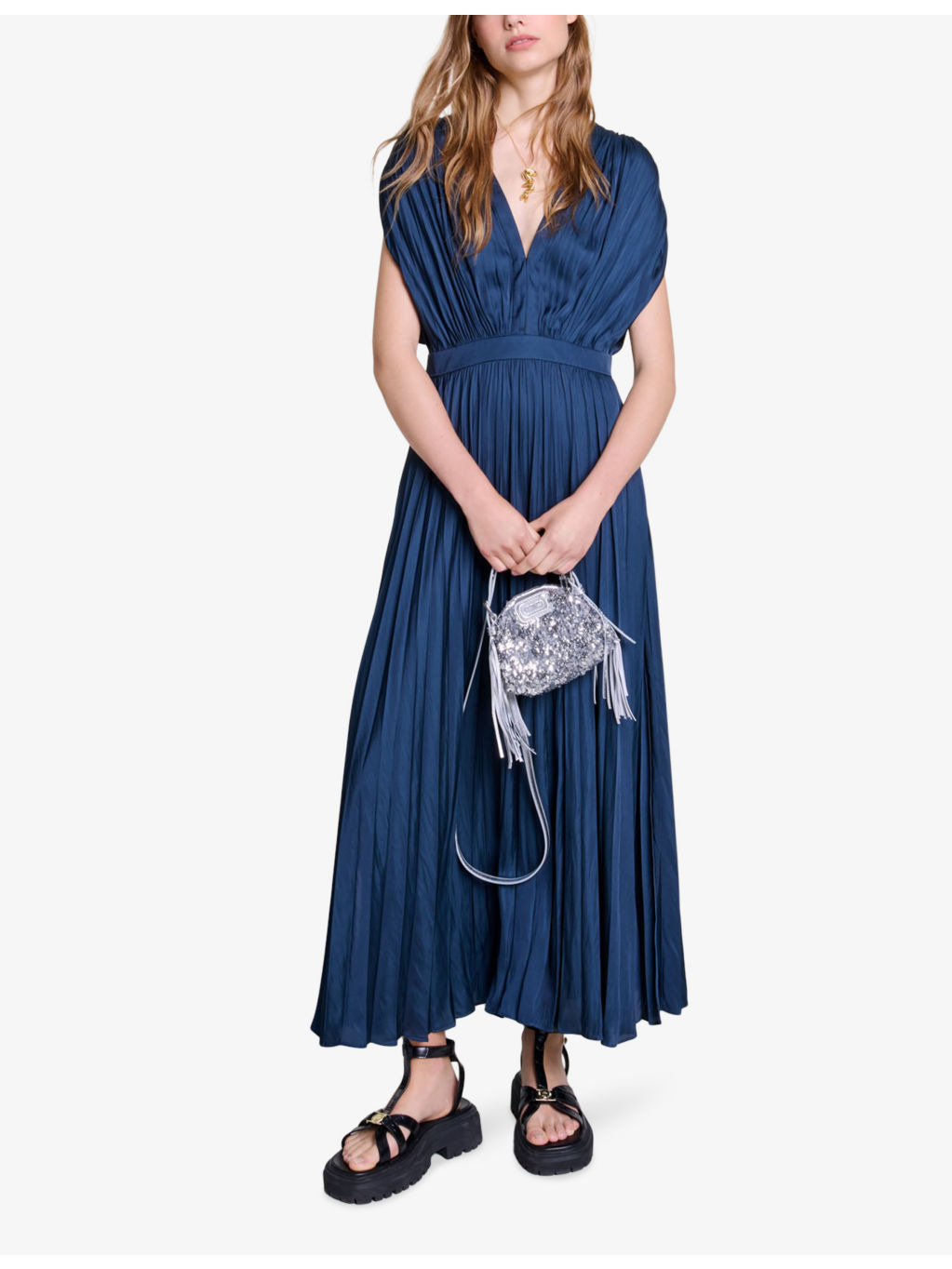 V-neck pleated woven maxi dress - 2