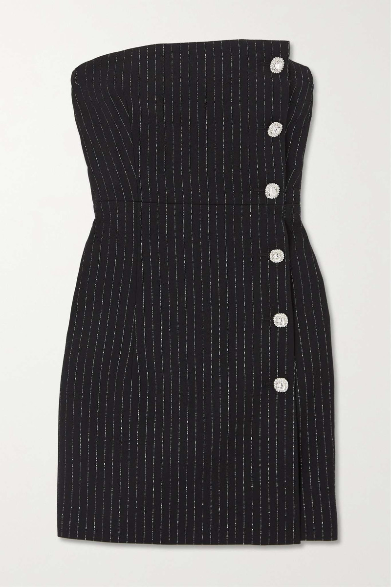 Strapless embellished pinstriped wool-blend mini dress - 1