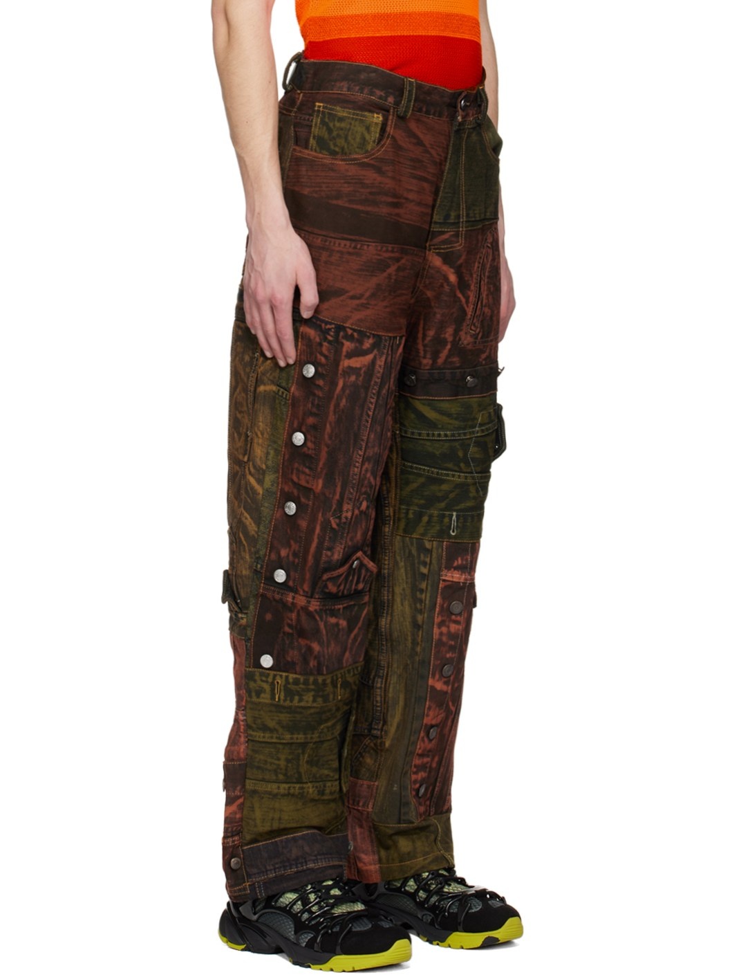Orange & Green Paneled Jeans - 2