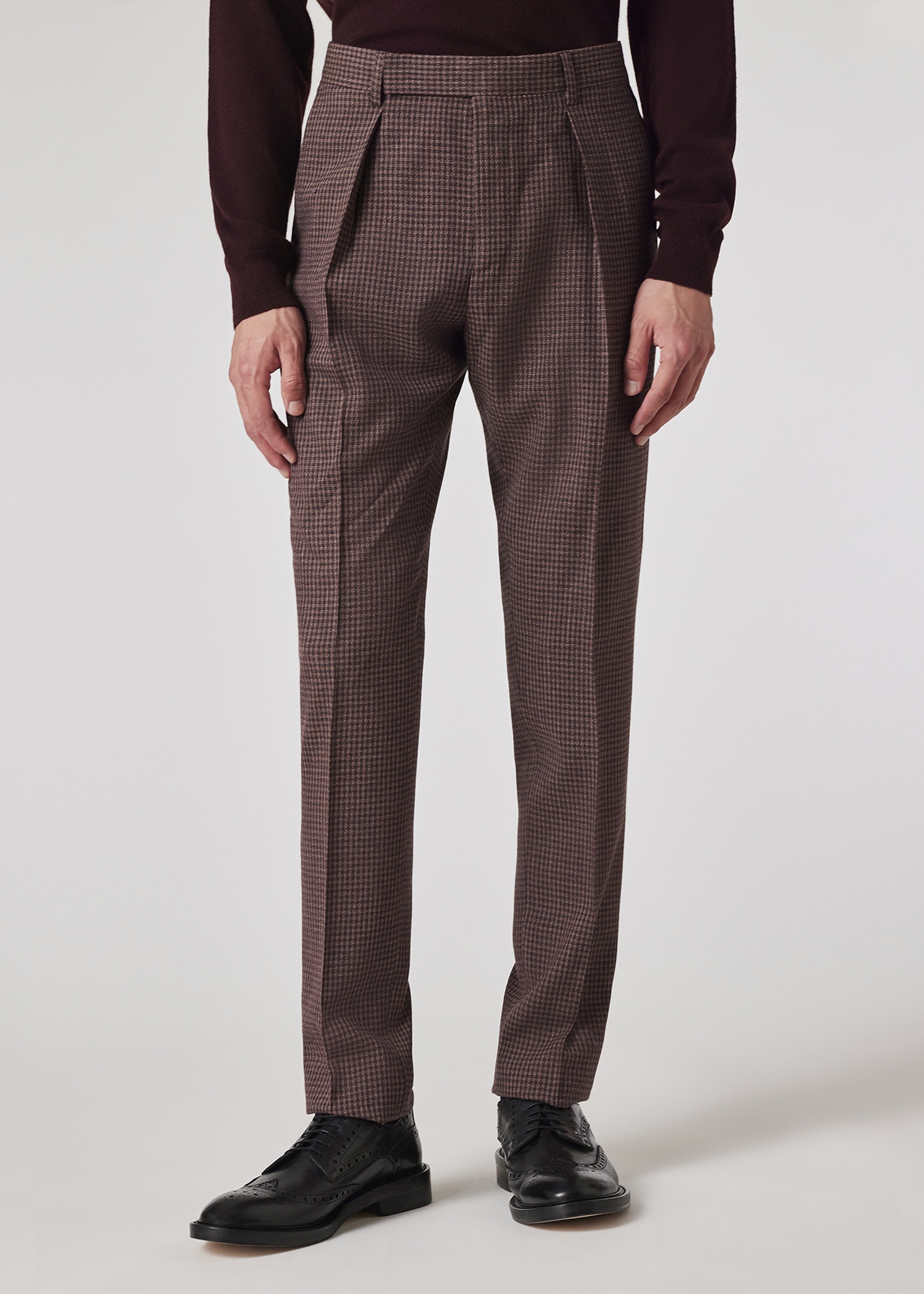 Brown Gingham Check Tapered-Fit Pleated Stretch-Wool Trousers - 3