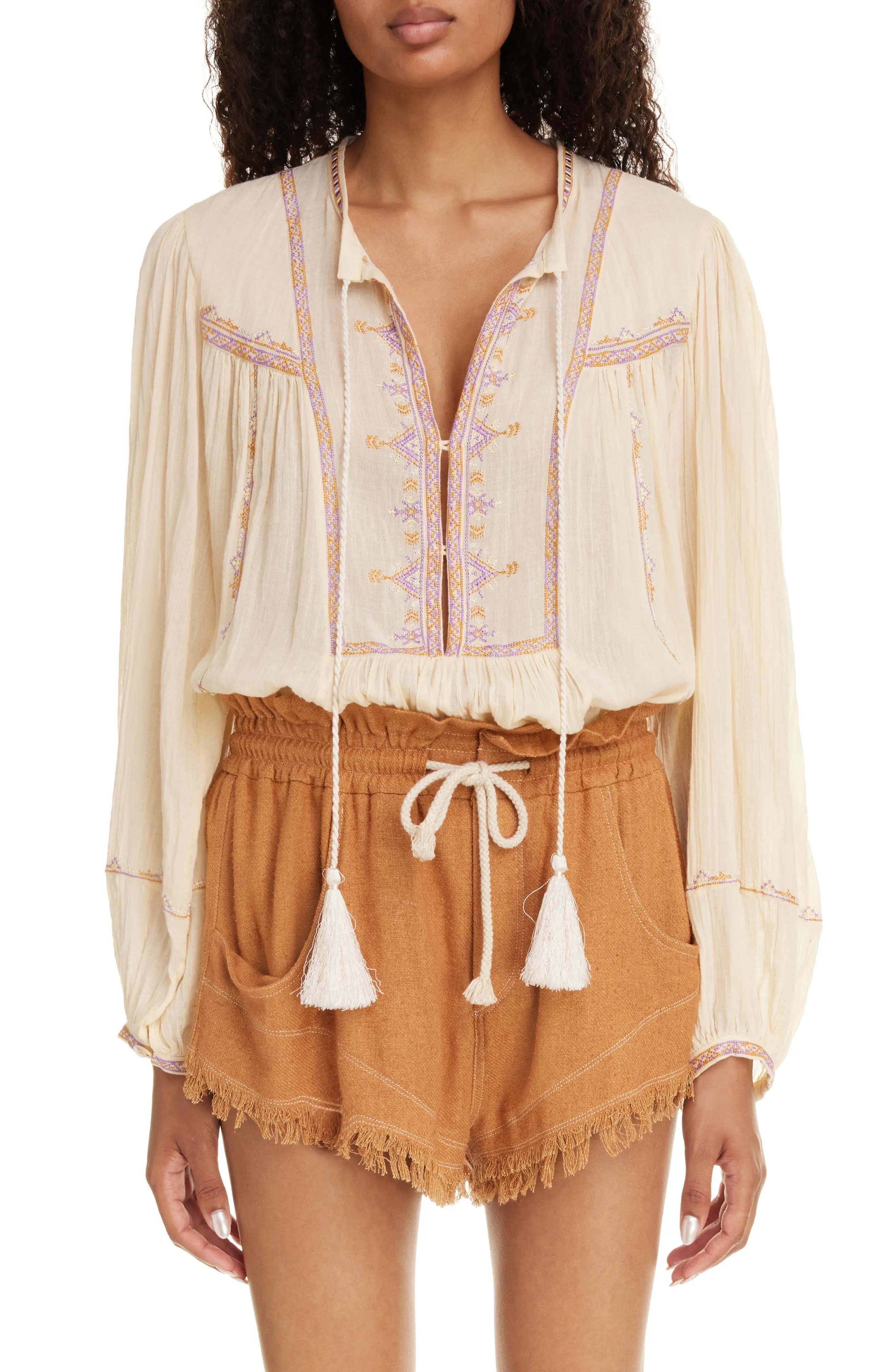 Silekia Embroidered Tassel Tie Cotton Top - 1