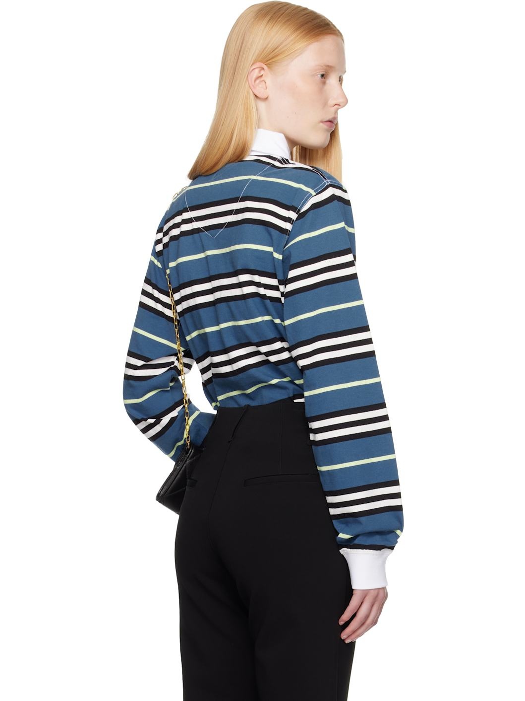 Blue Long-Sleeve Striped Cotton Polo - 3