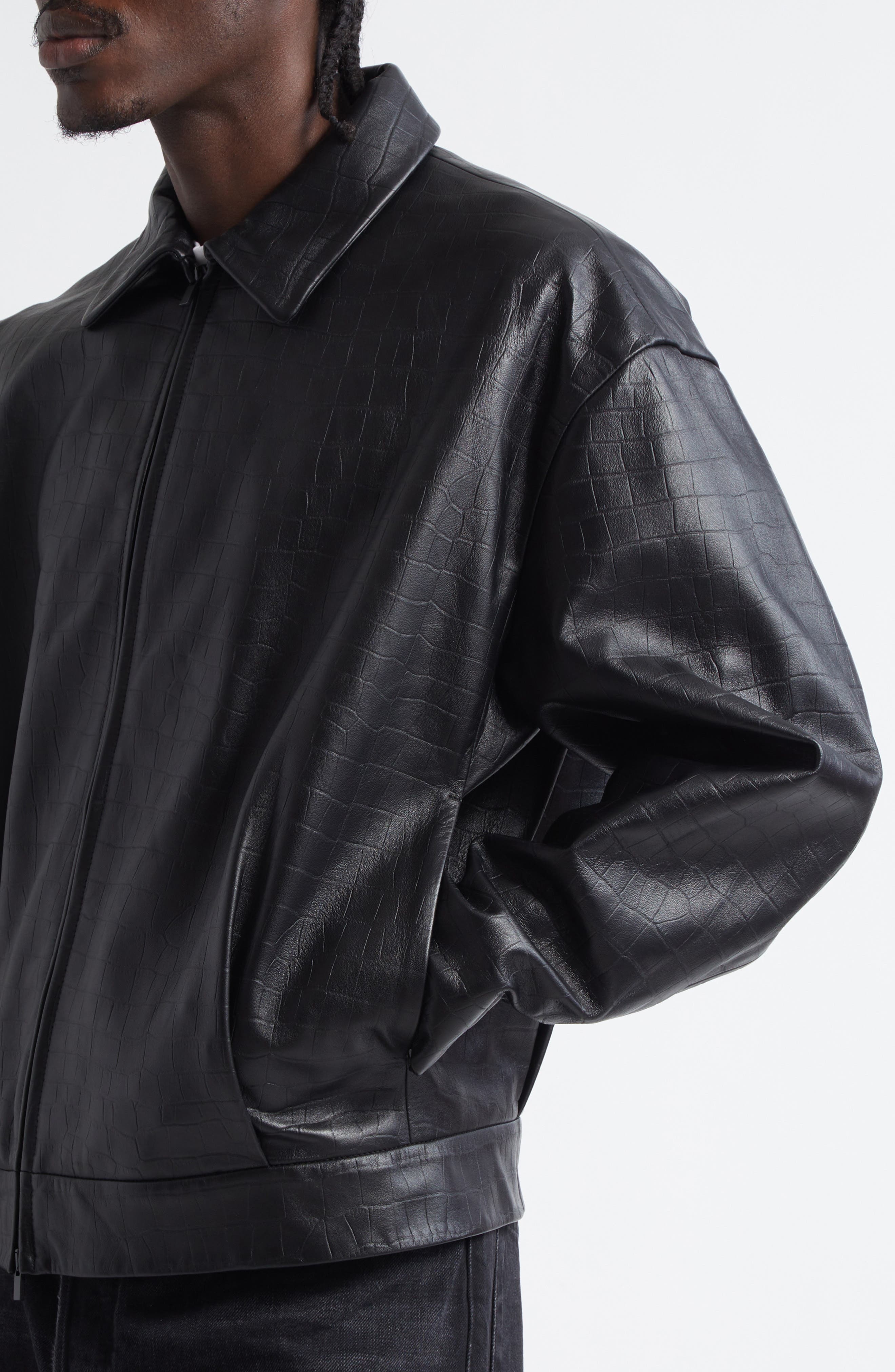 Fear of God Crocodile-Embossed Crop Leather Jacket in Black at Nordstrom - 4