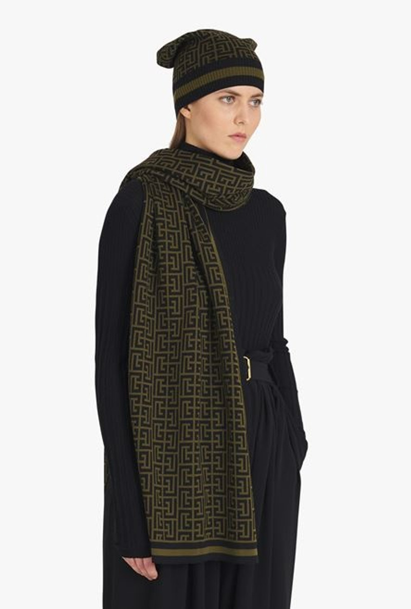 Balmain Khaki and black wool scarf with Balmain monogram pattern outlook