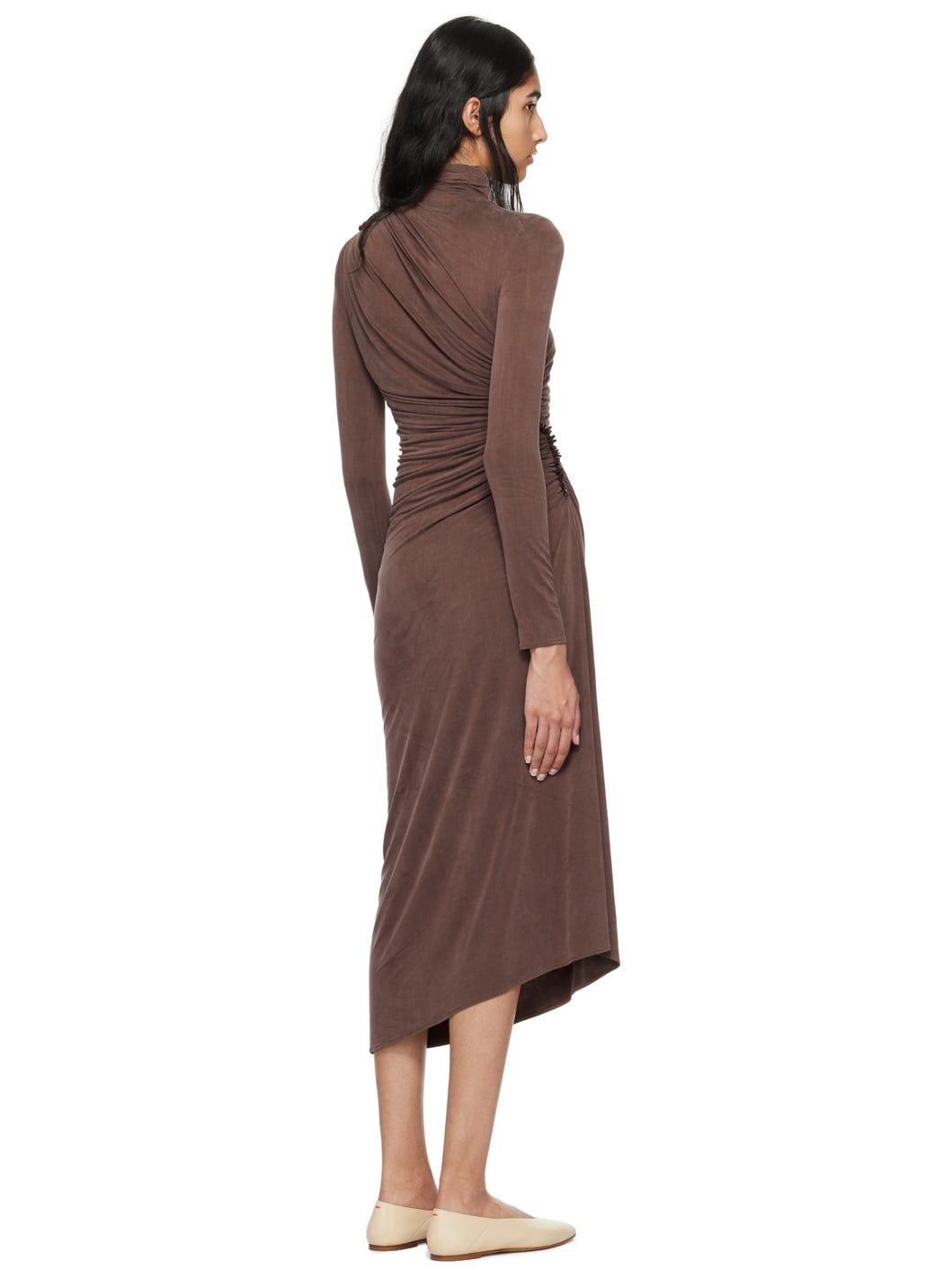 Brown Ruched Midi Dress - 3