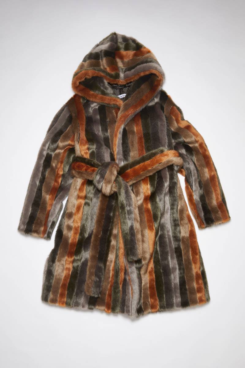 Striped furry hooded coat - Brown 1