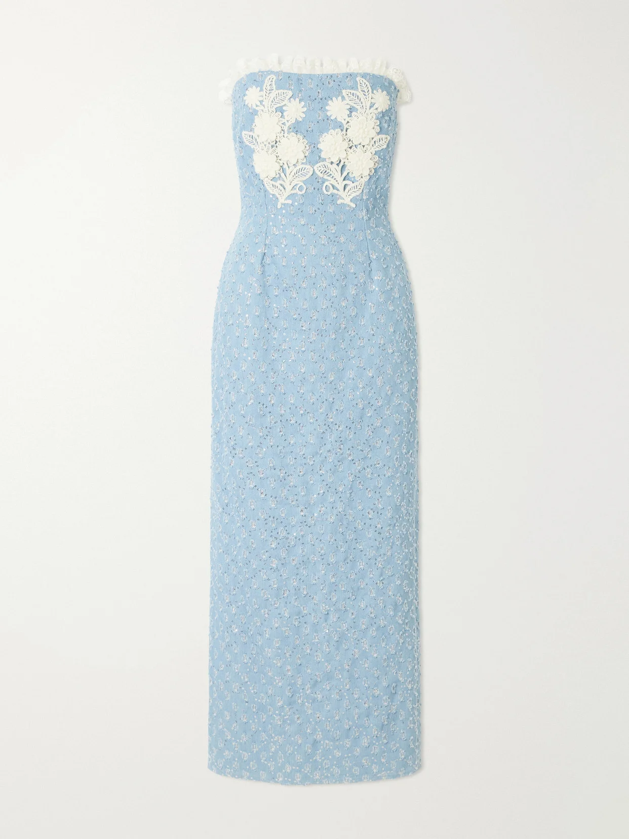 Appliquéd Sequin-embellished Lace-trimmed Denim Midi Dress - 1