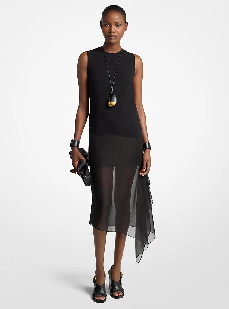 Double Faced Stretch Wool Crepe and Silk Voile Veiled Dress - 1
