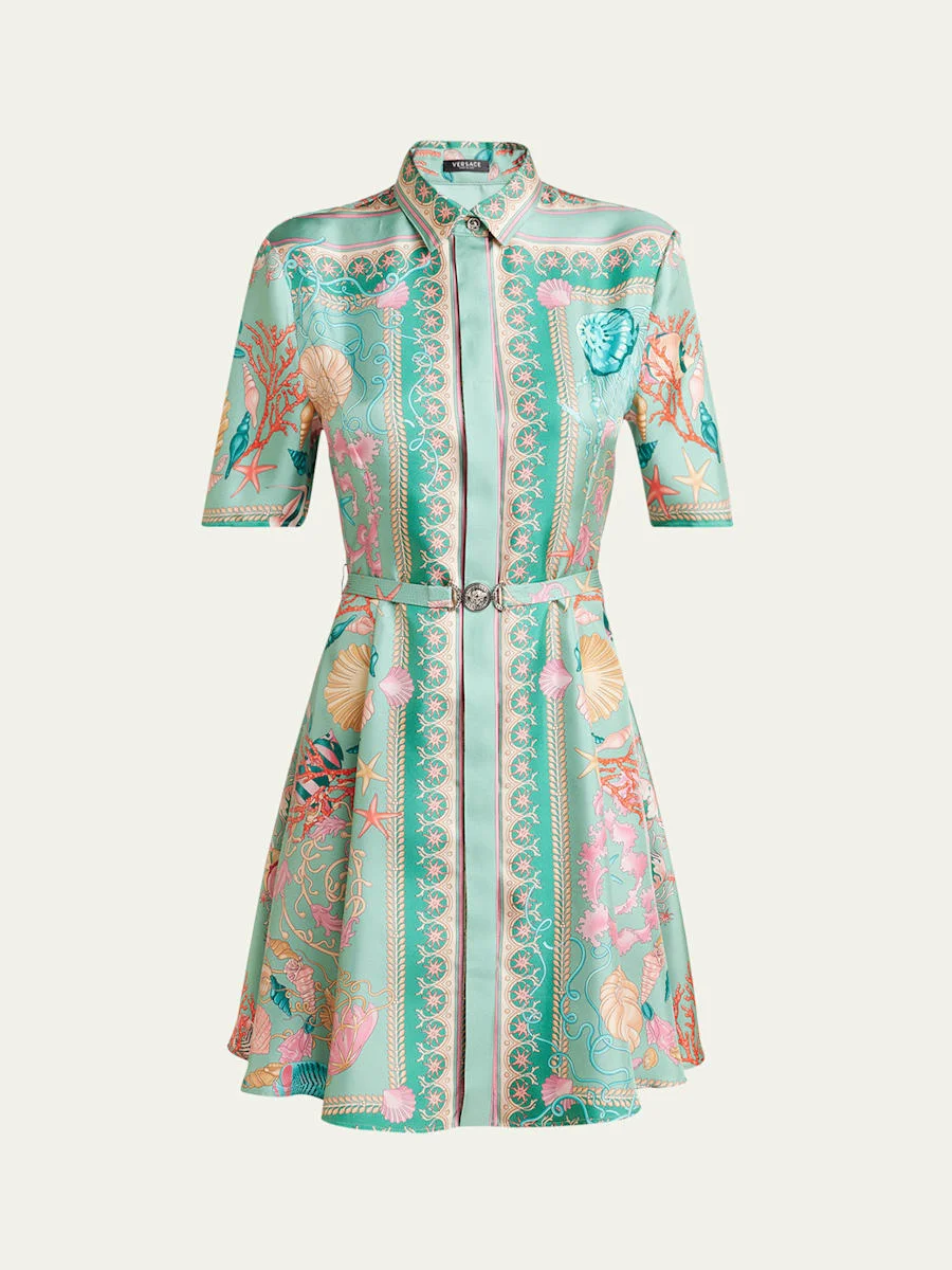 Underwater Barocco Foulard Belted Silk Twill Dress - 1