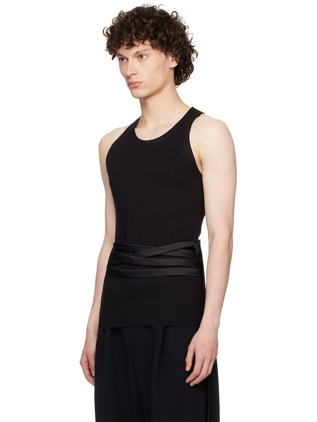 Black Satin Tie Jersey Tank Top - 4