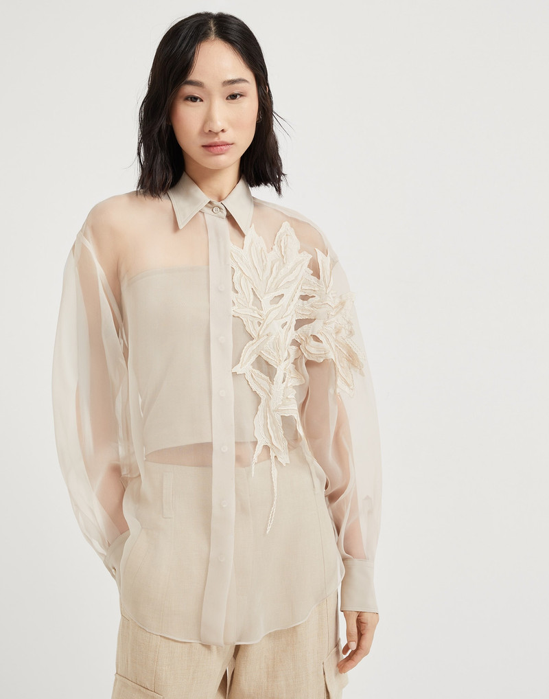 Crispy silk shirt with herbarium appliqué 1