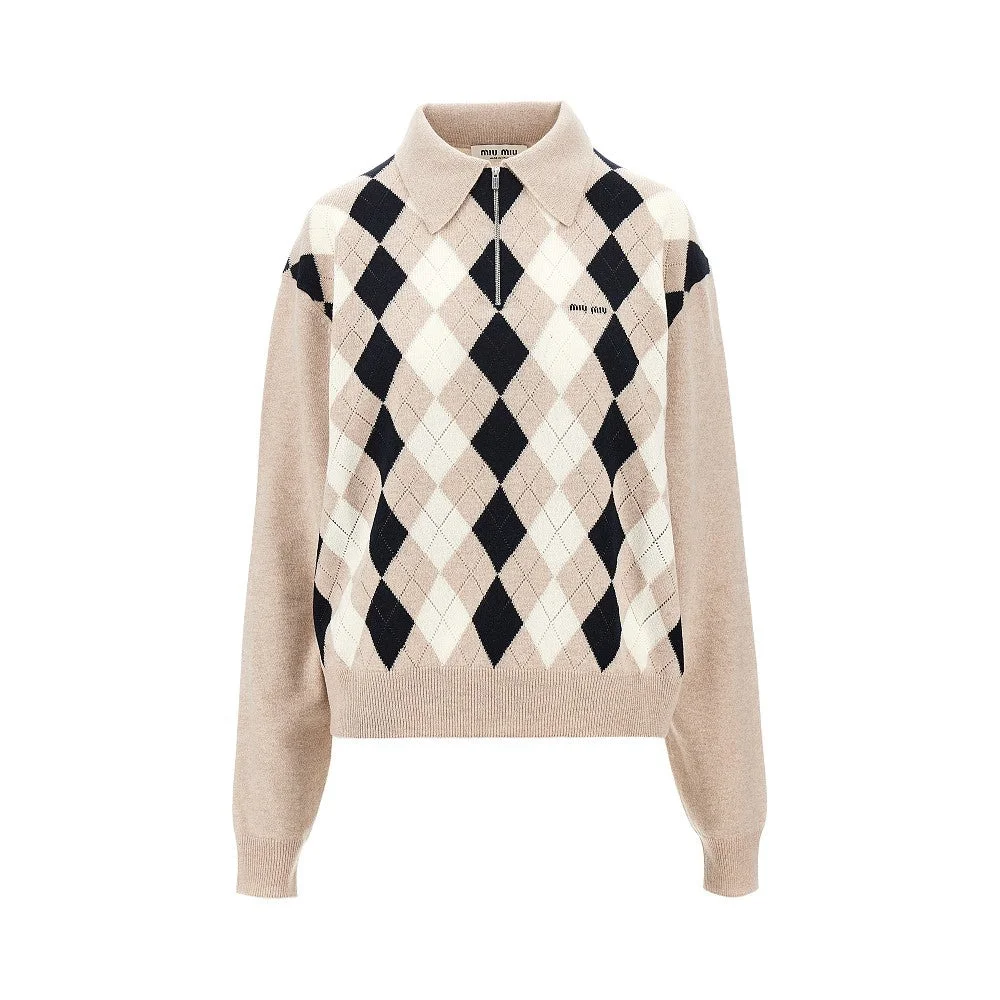 Miu Miu Argyle Cashmere Polo Sweater Beige - 1