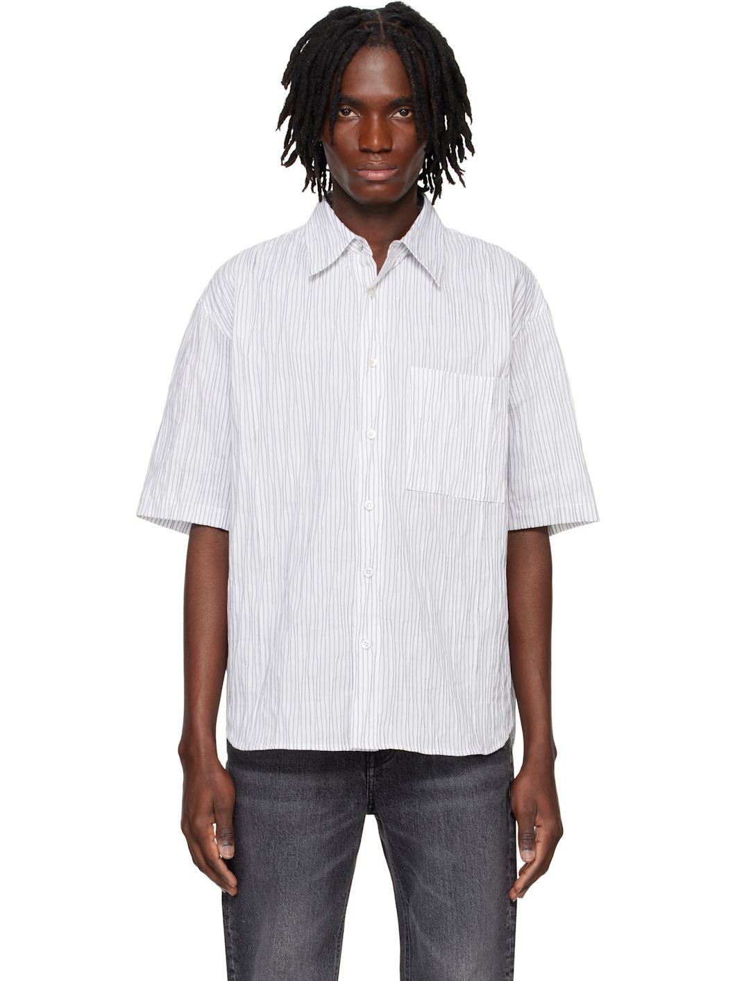 White & Black Short Sleeve Striped Shirt - 1