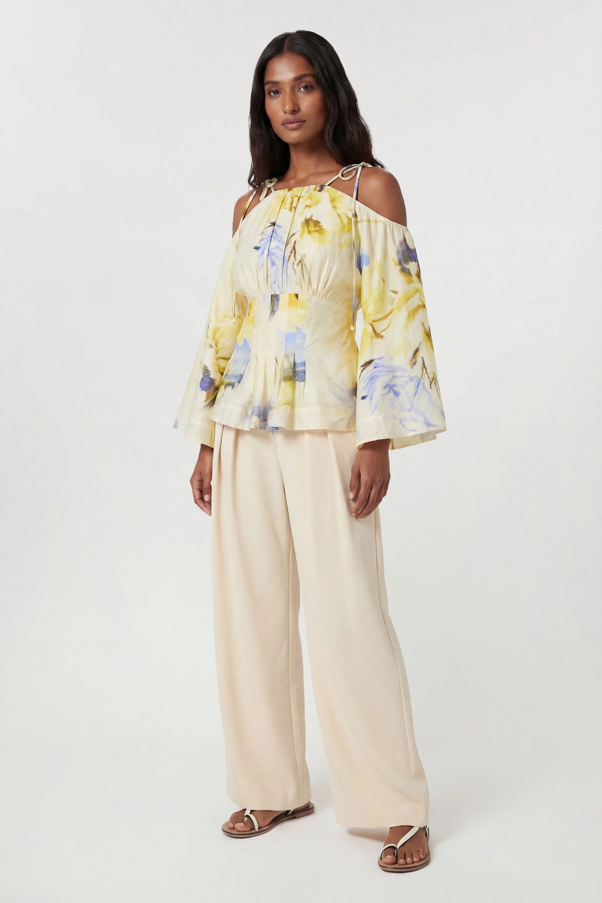 Blue Floral Off The Shoulder Shirred Woven Blouse - 1
