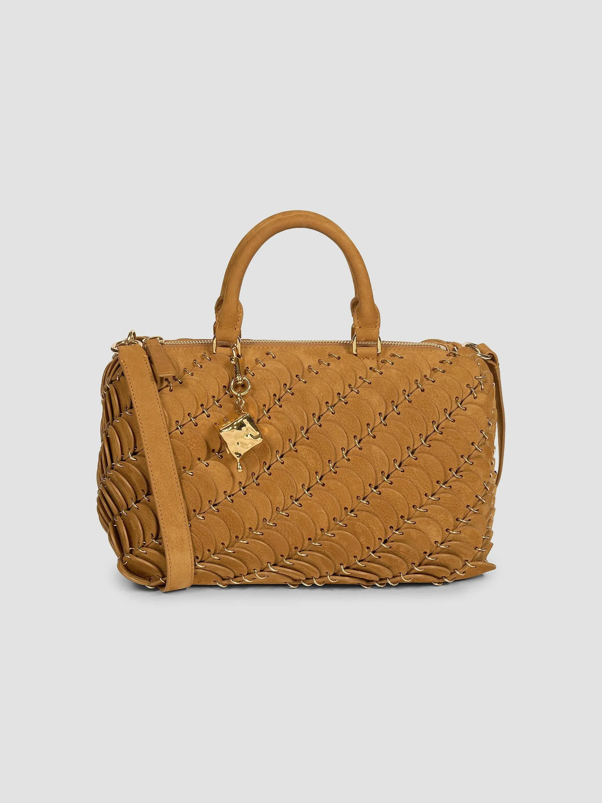 Women's Suede-Cotton Top Handle Bag - Camel Gold - 1