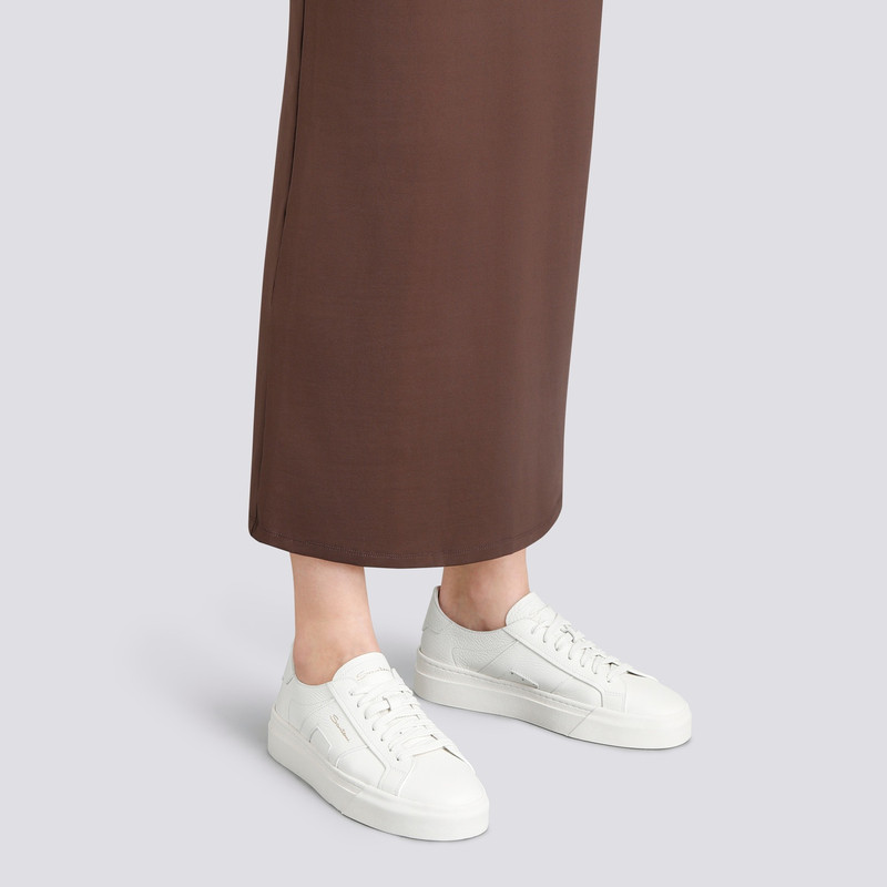 Santoni Women's white tumbled leather Double Buckle Sneaker outlook