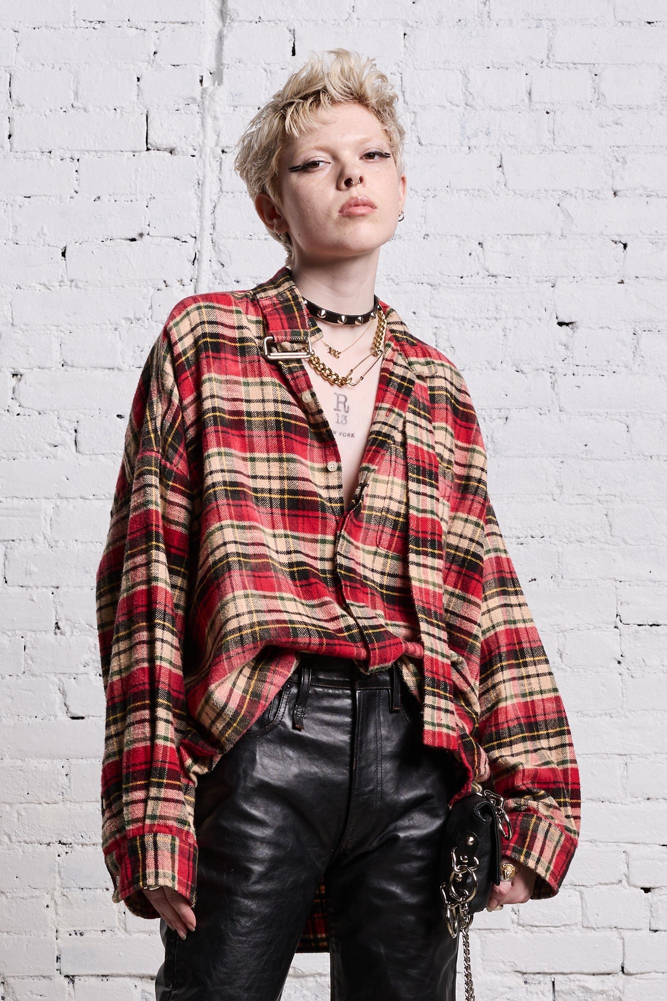 OVERSIZED BELT COLLAR SHIRT - BLEACHED RED PLAID - 2