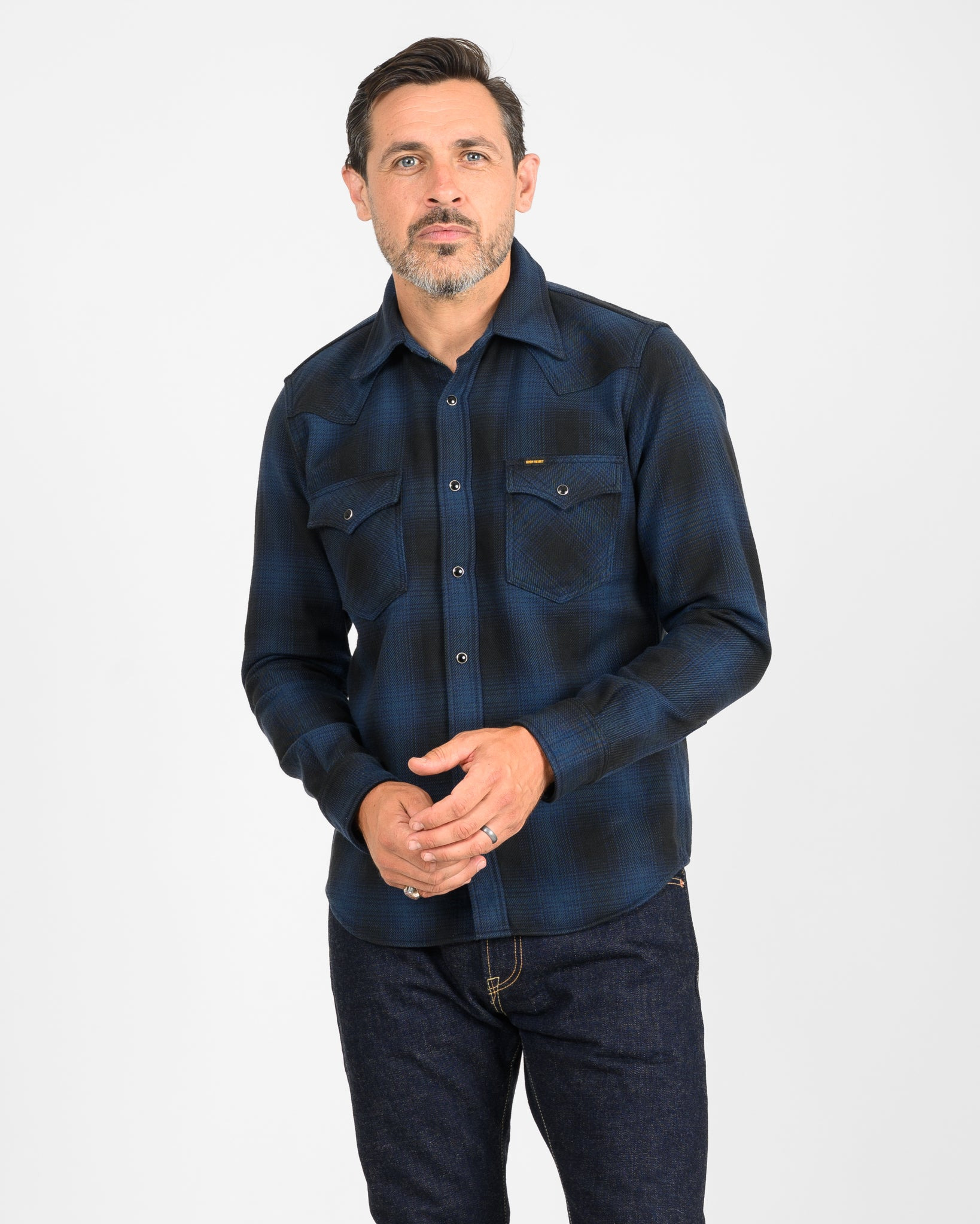 IHSH-264-NAV Ultra Heavy Flannel Ombré Check Western Shirt - Navy/Black - 2
