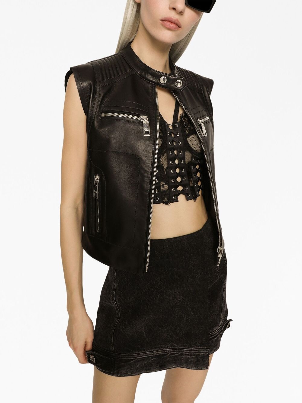 logo-plaque leather waistcoat - 5