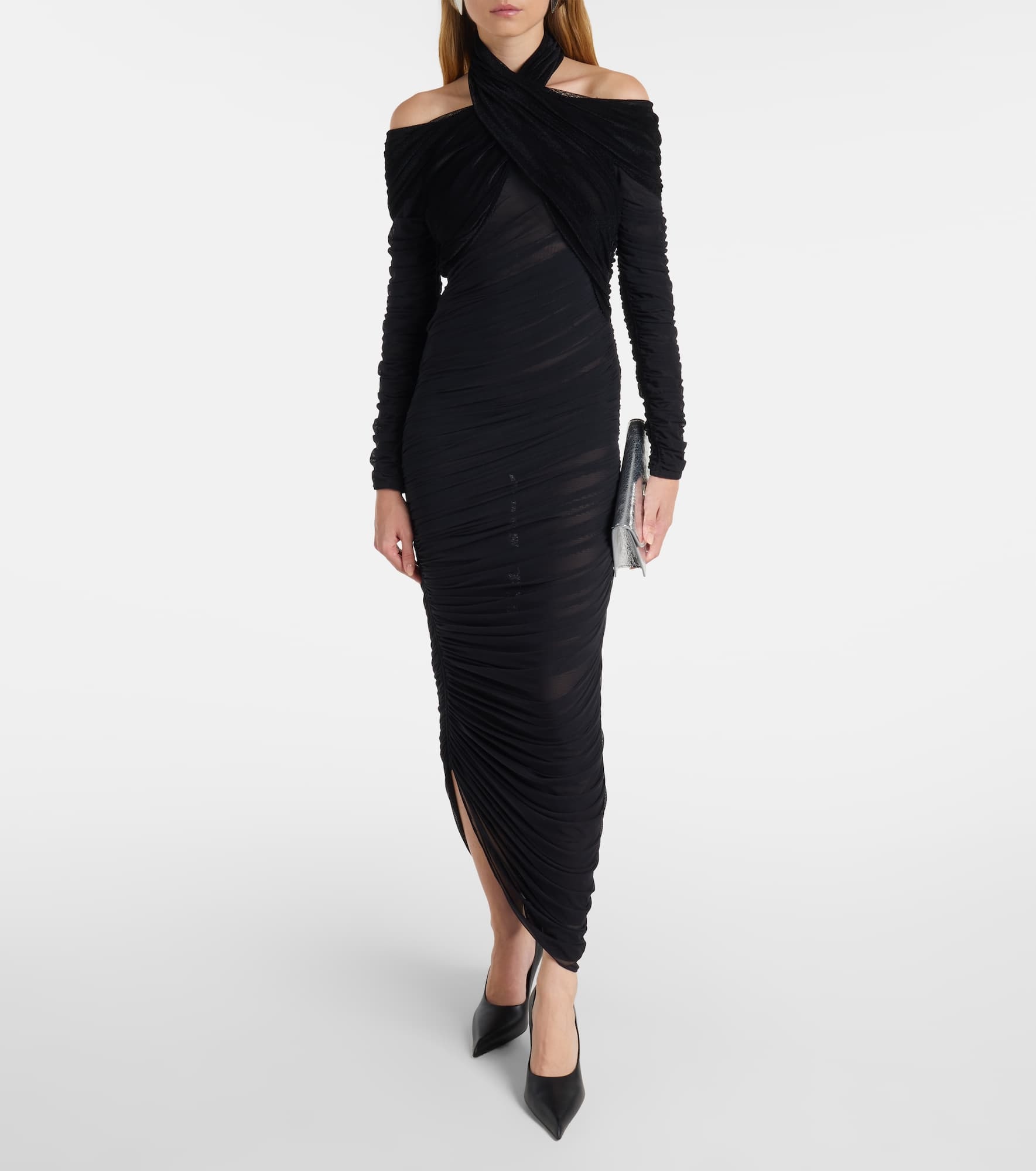Draped mesh and velvet maxi dress - 2