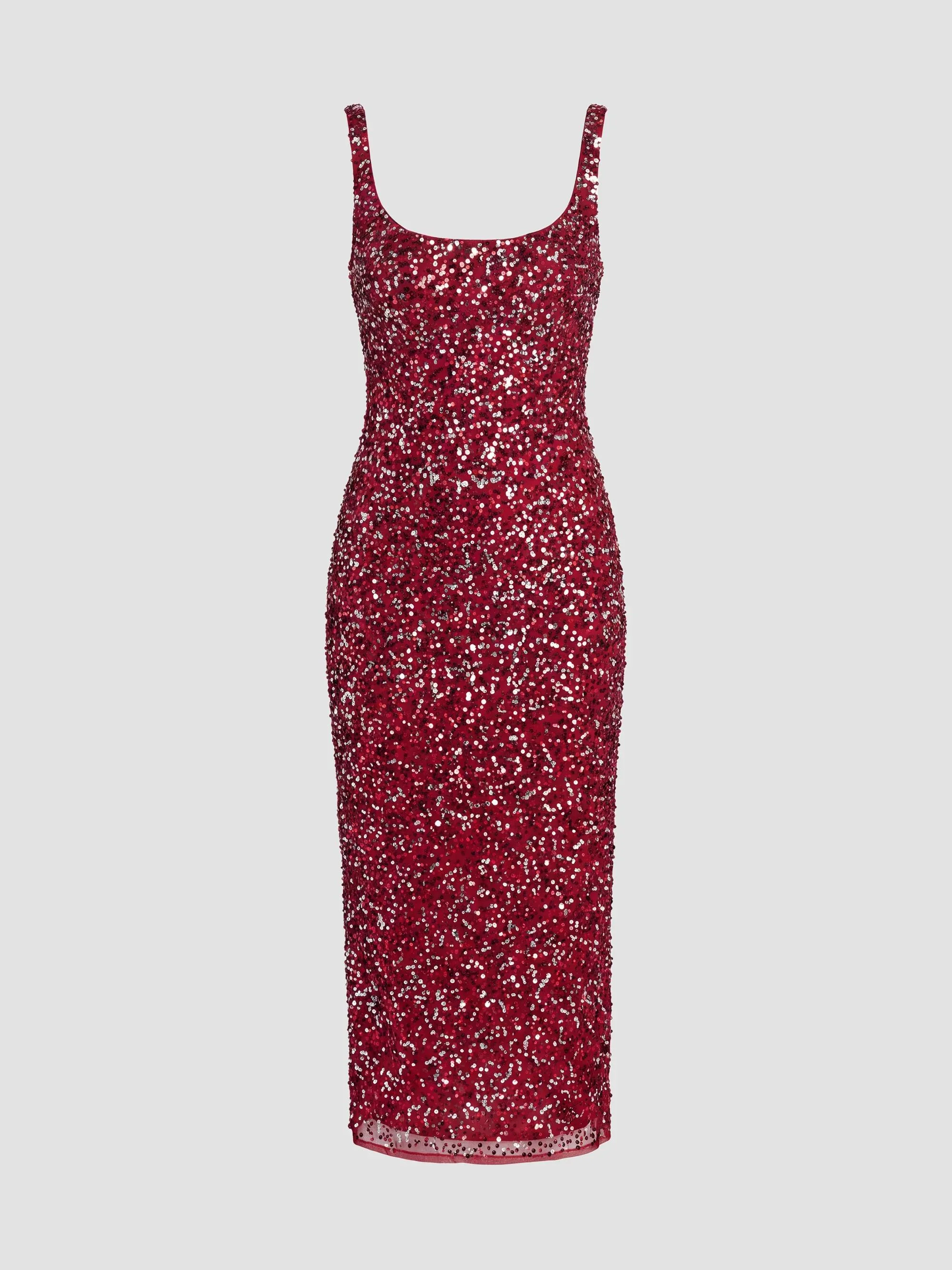 Women's Sequined Scoop Neck Midi Dress - Red - 1