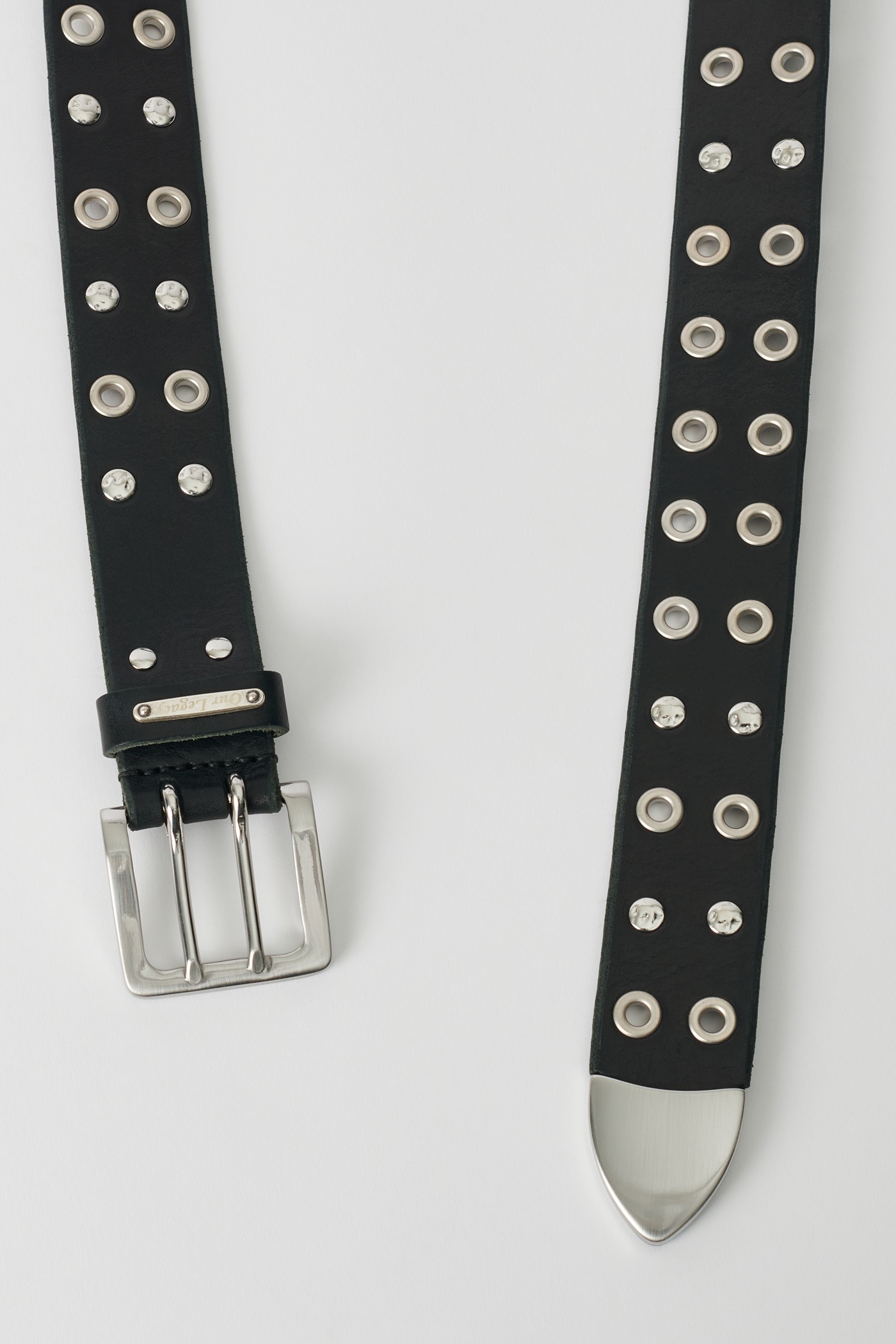 Studded Double Tongue Belt Flecking Black Leather - 2