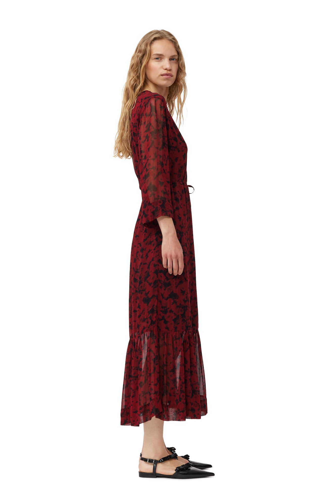 RED PRINTED LIGHT GEORGETTE WRAP MIDI DRESS - 4