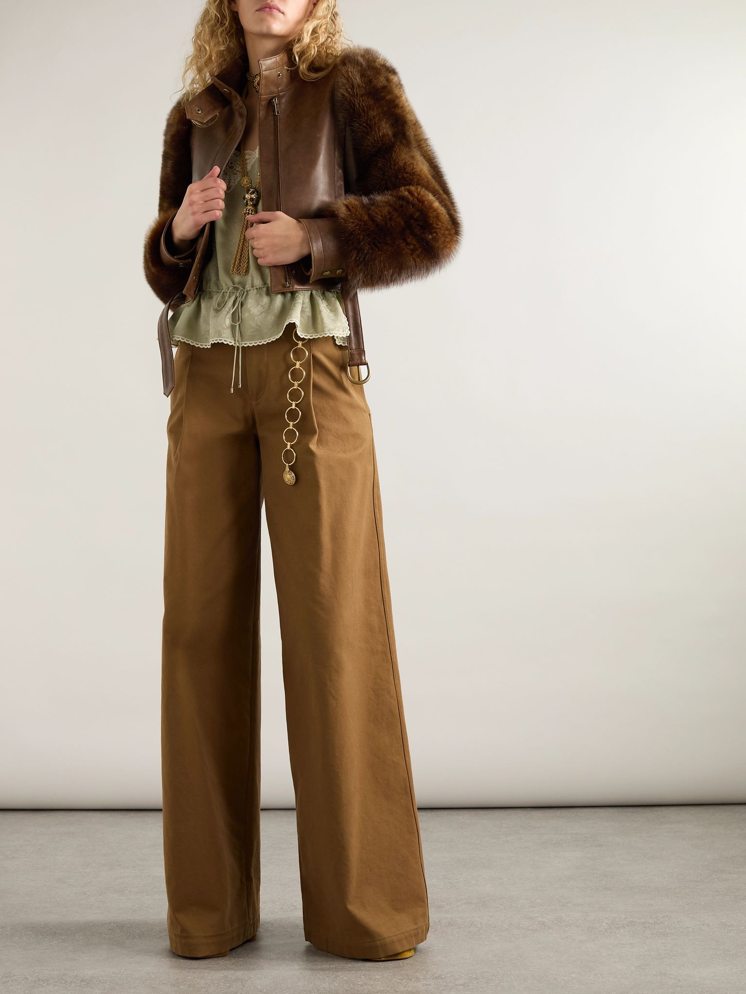 Cropped shearling-trimmed leather jacket Dark brown - 2