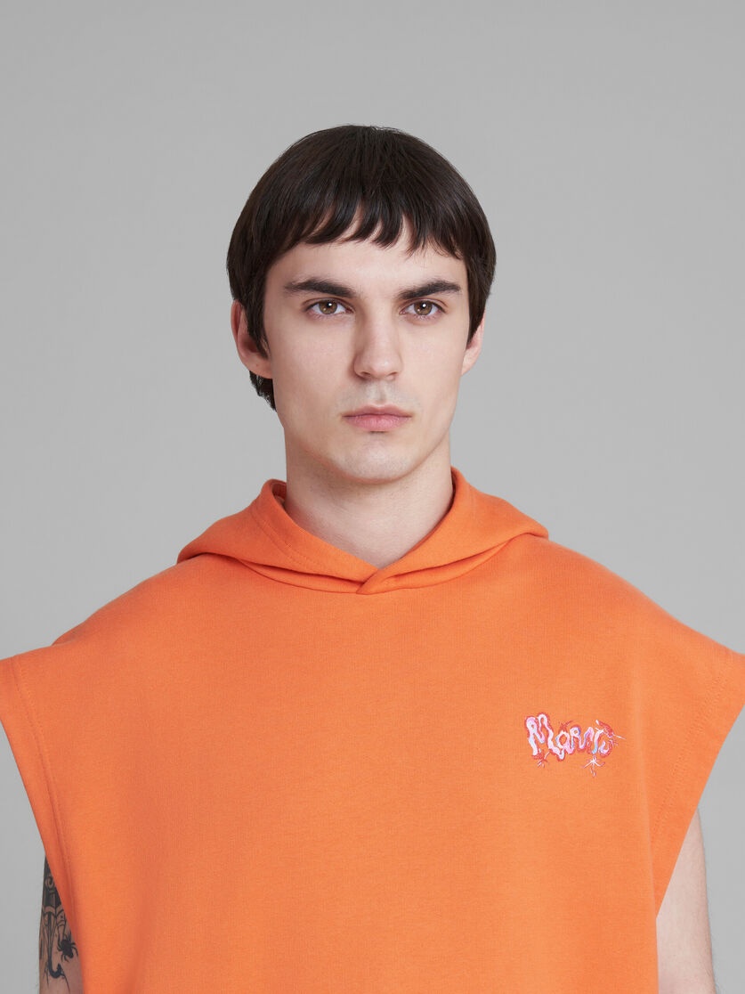 ORANGE SLEEVELESS COTTON HOODIE WITH LOGO PRINT - 4