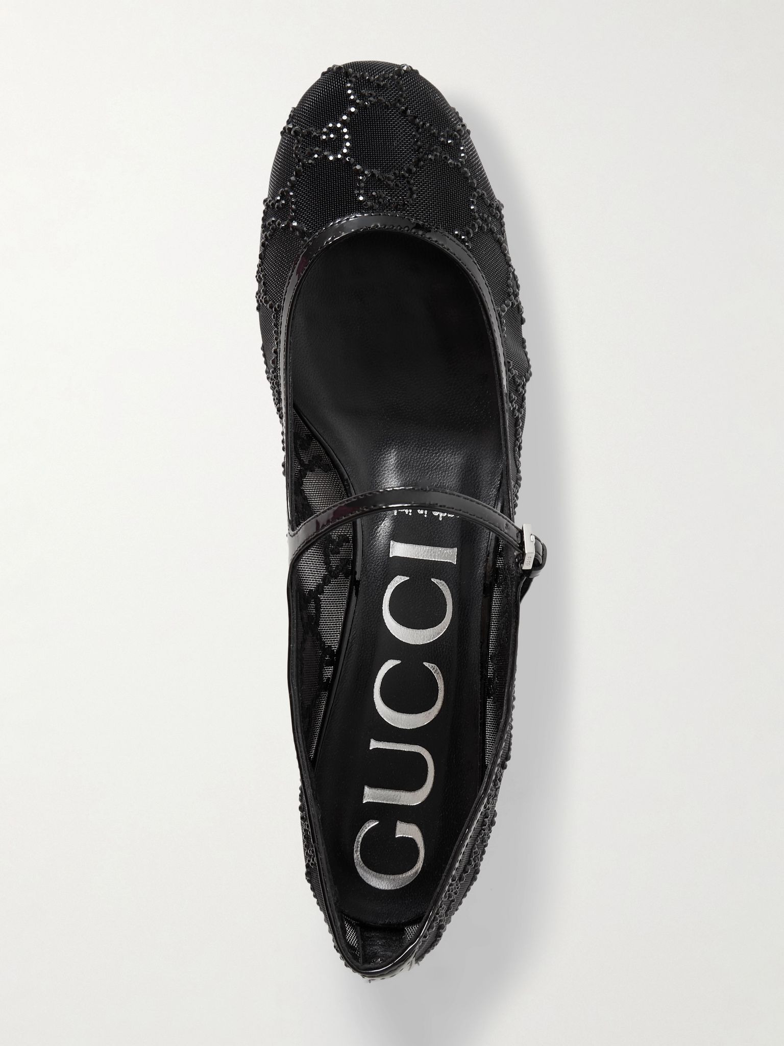 Charline patent leather-trimmed crystal-embellished mesh Mary Jane pumps Black - 5