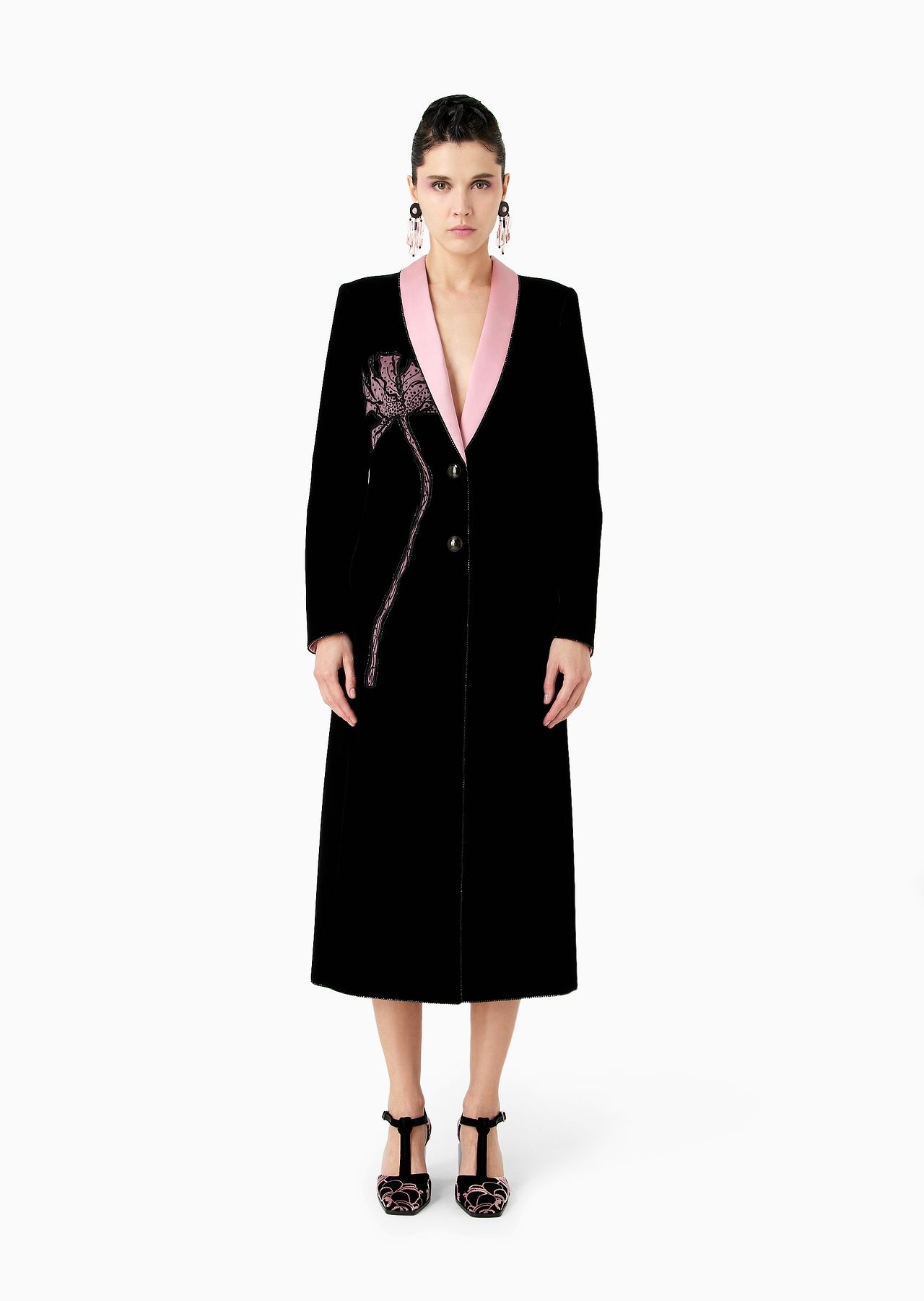 Single-breasted velvet coat with floral embroidery - 2
