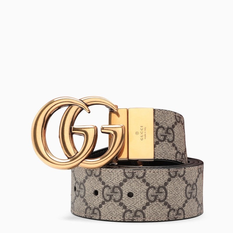 GUCCI Black leather and GG fabric reversible belt