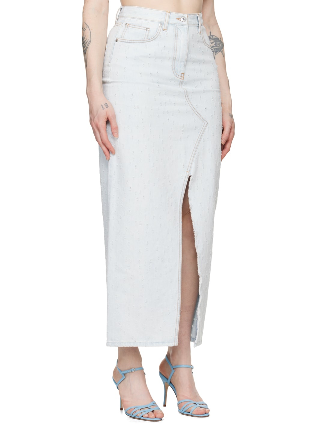 Blue Distressed Denim Maxi Skirt - 2