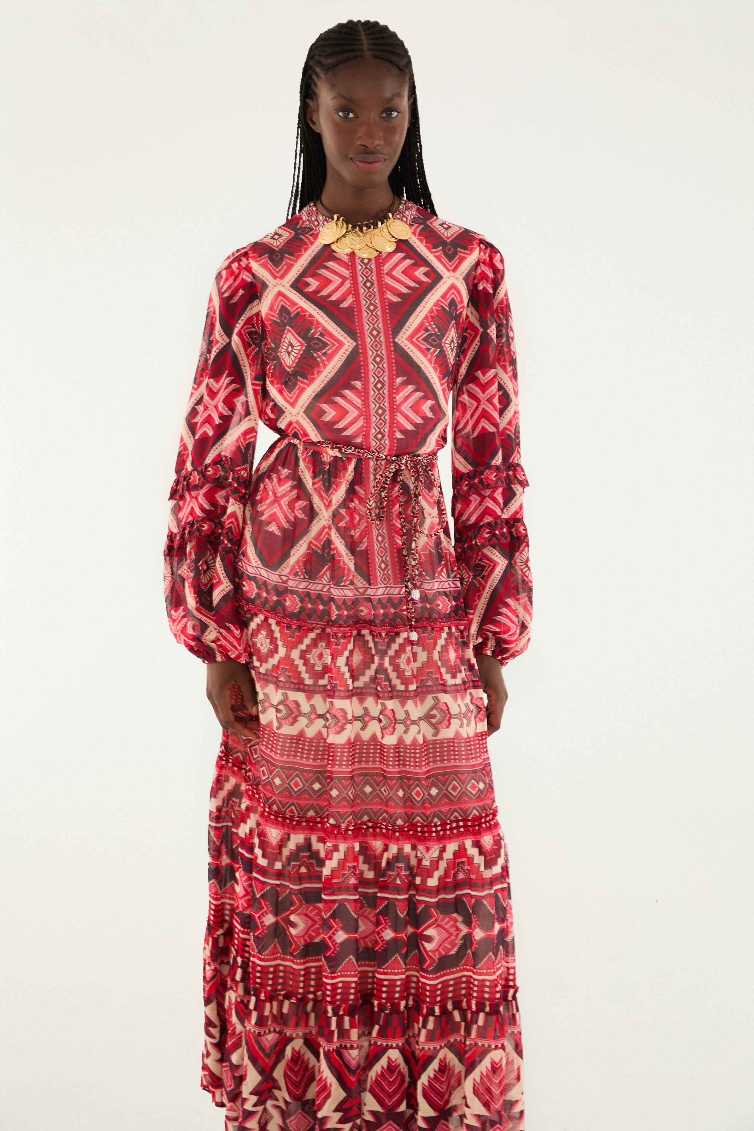 Red Graphic Ainika Belted Tiered Maxi Dress - 2