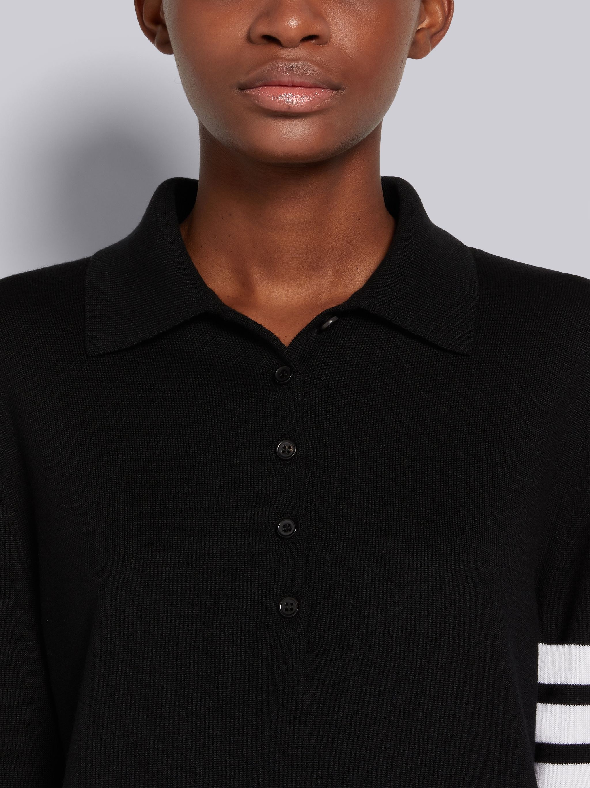 Black Fine Merino Wool 4-Bar Mrs. Thom Intarsia Long Sleeve Mini Polo Dress - 4