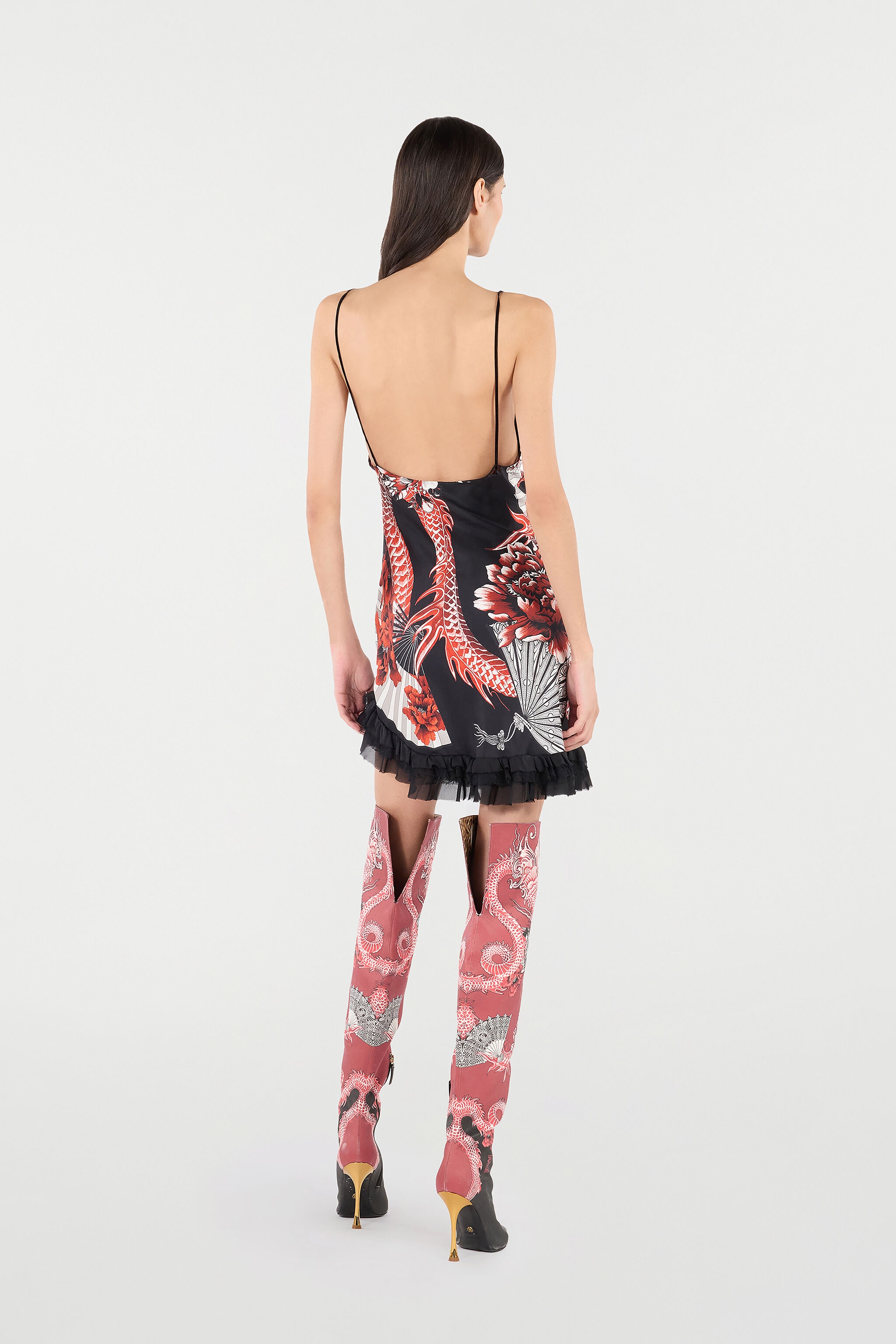 Silk Mini Dress with Dragon and Ruffles - 4