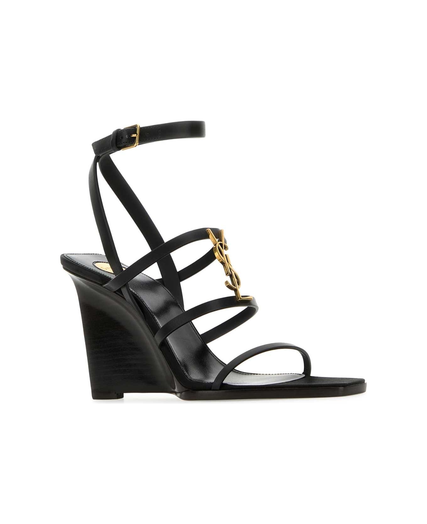 Black Leather Cassandre Wedges - 2