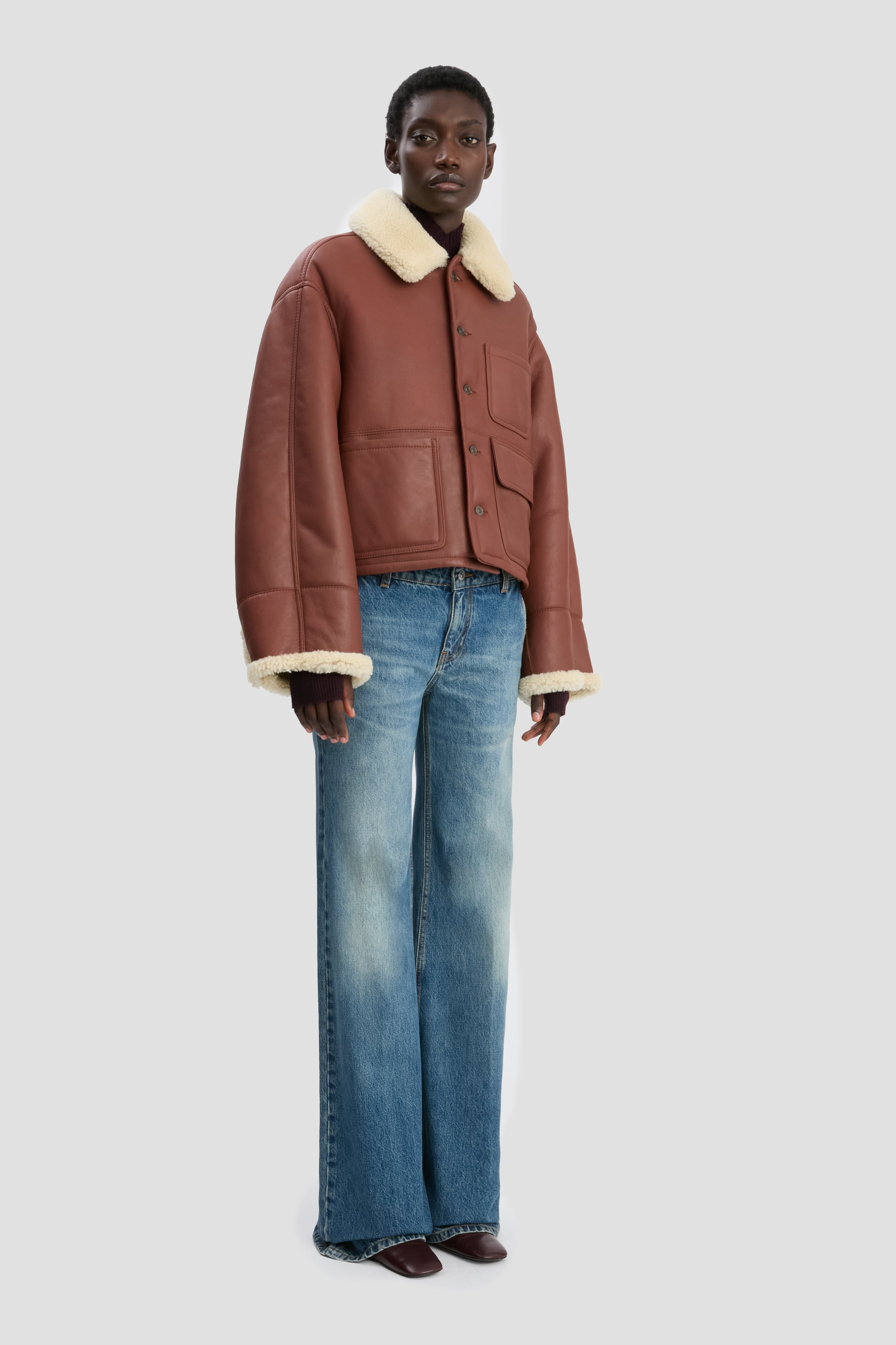 Cropped Shearling Jacket In Brown-Cream - 3