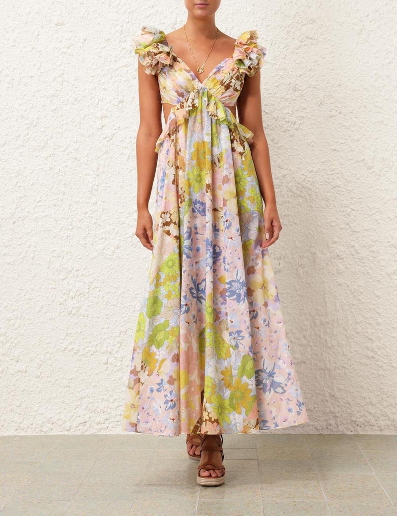 knee length dresses for ladies Zimmermann Pop Ruffle Sleeve Midi Dress Patch Floral Size 2 (AU 12)